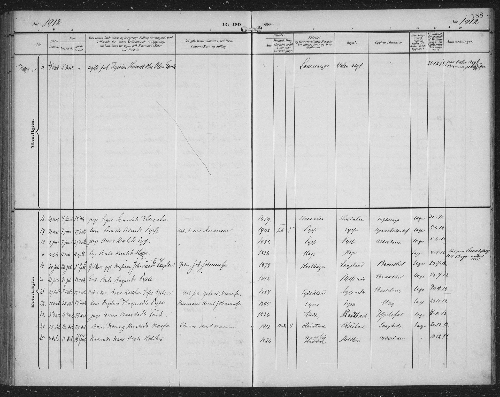 Samnanger Sokneprestembete, AV/SAB-A-77501/H/Haa: Parish register (official) no. A 2, 1902-1918, p. 188