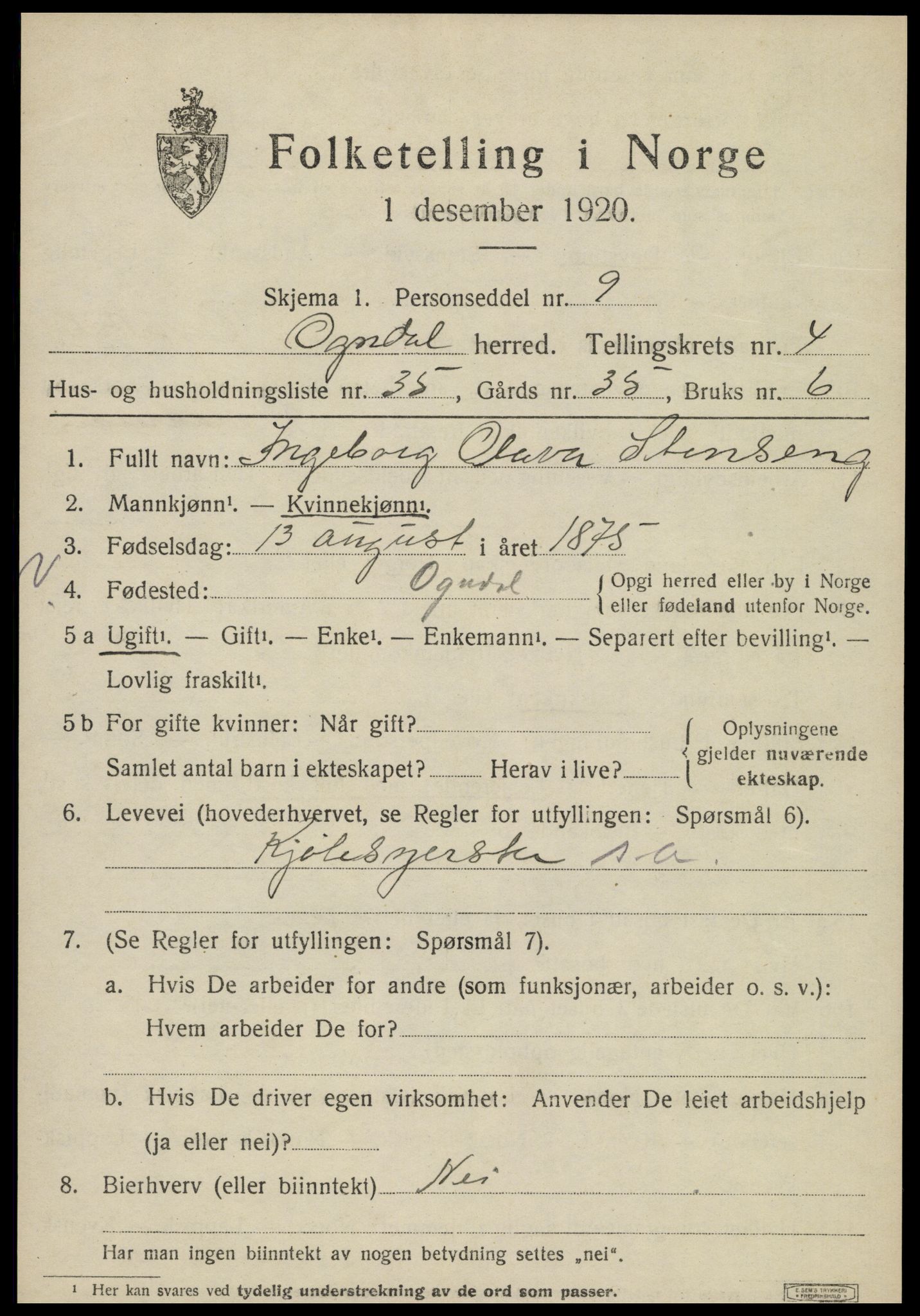 SAT, 1920 census for Ogndal, 1920, p. 1797