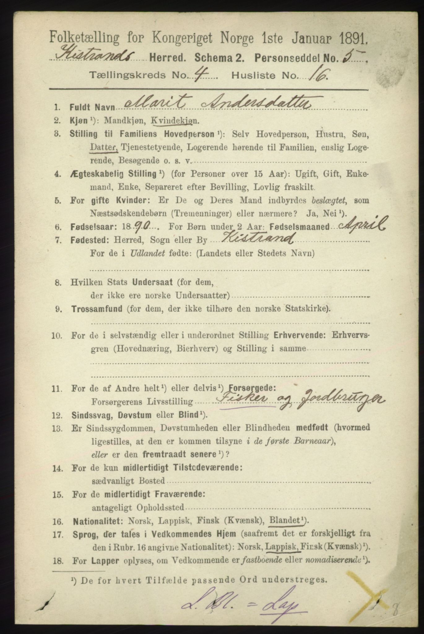 RA, 1891 census for 2020 Kistrand, 1891, p. 2011