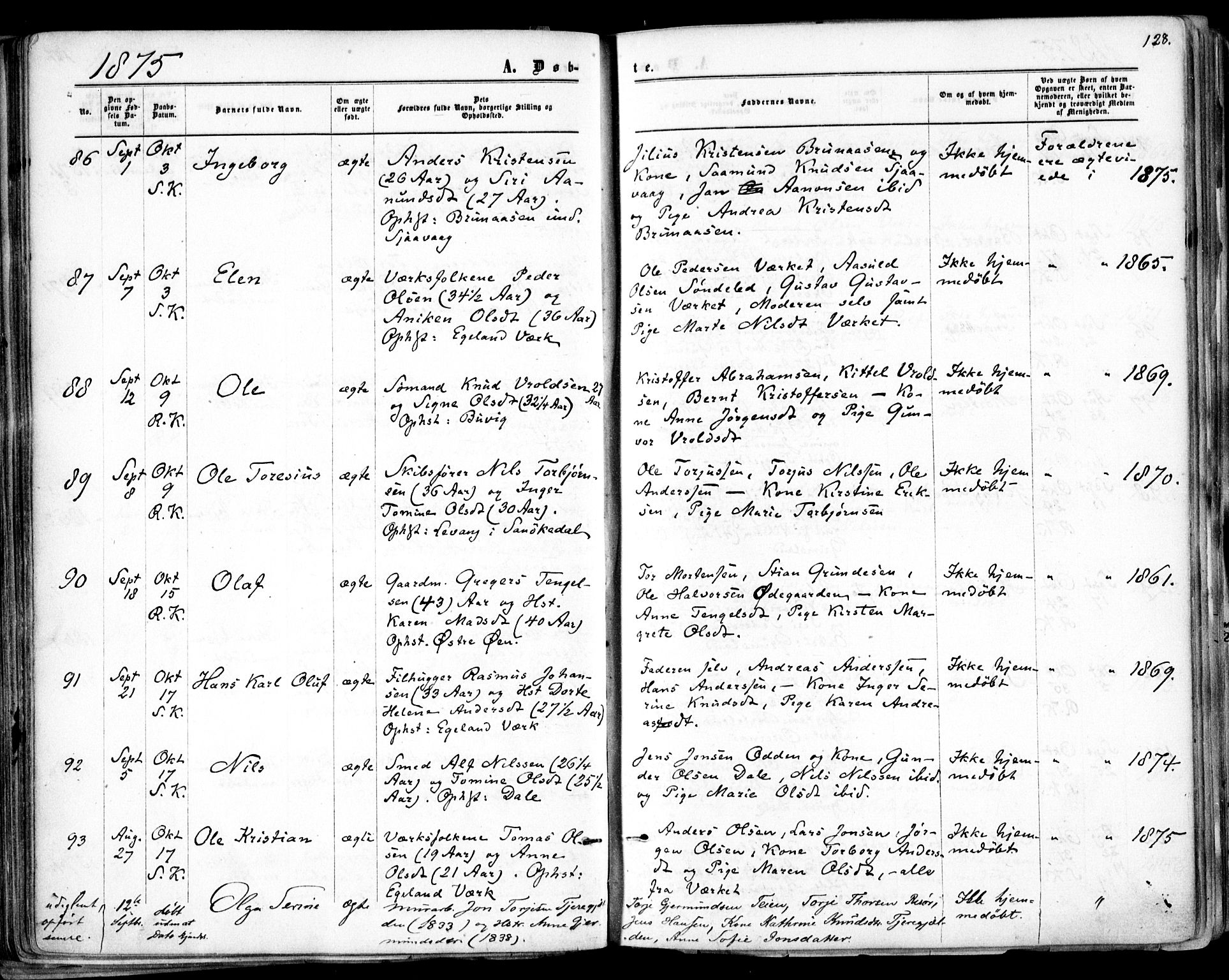 Søndeled sokneprestkontor, AV/SAK-1111-0038/F/Fa/L0003: Parish register (official) no. A 3, 1861-1879, p. 128