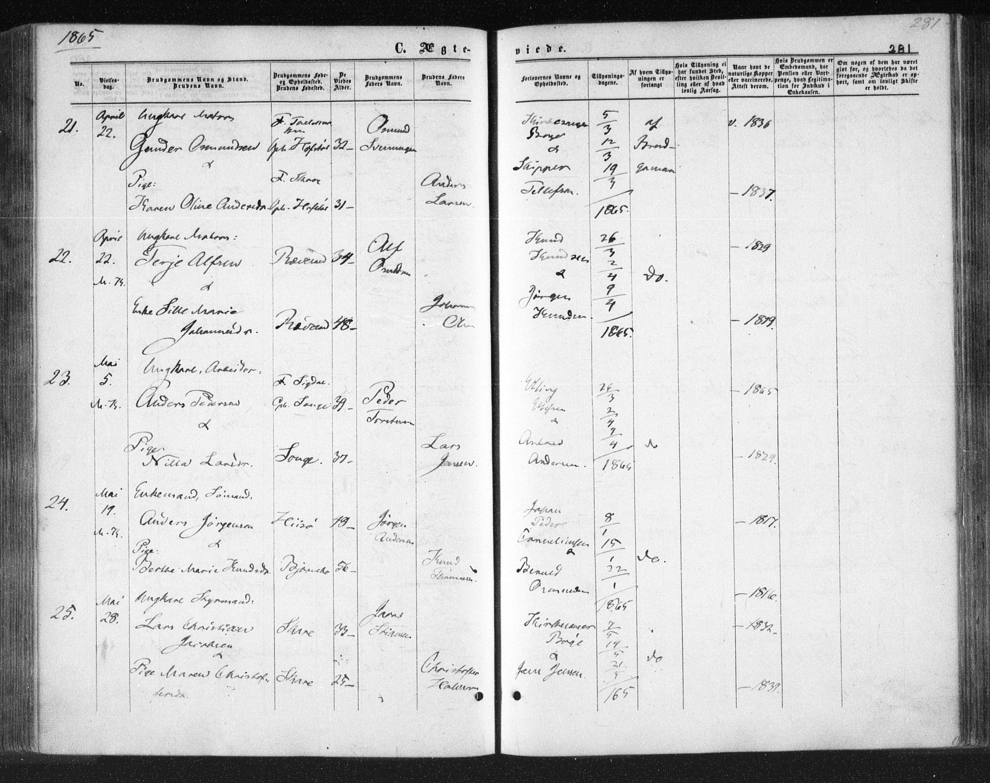 Tromøy sokneprestkontor, AV/SAK-1111-0041/F/Fa/L0007: Parish register (official) no. A 7, 1864-1869, p. 281