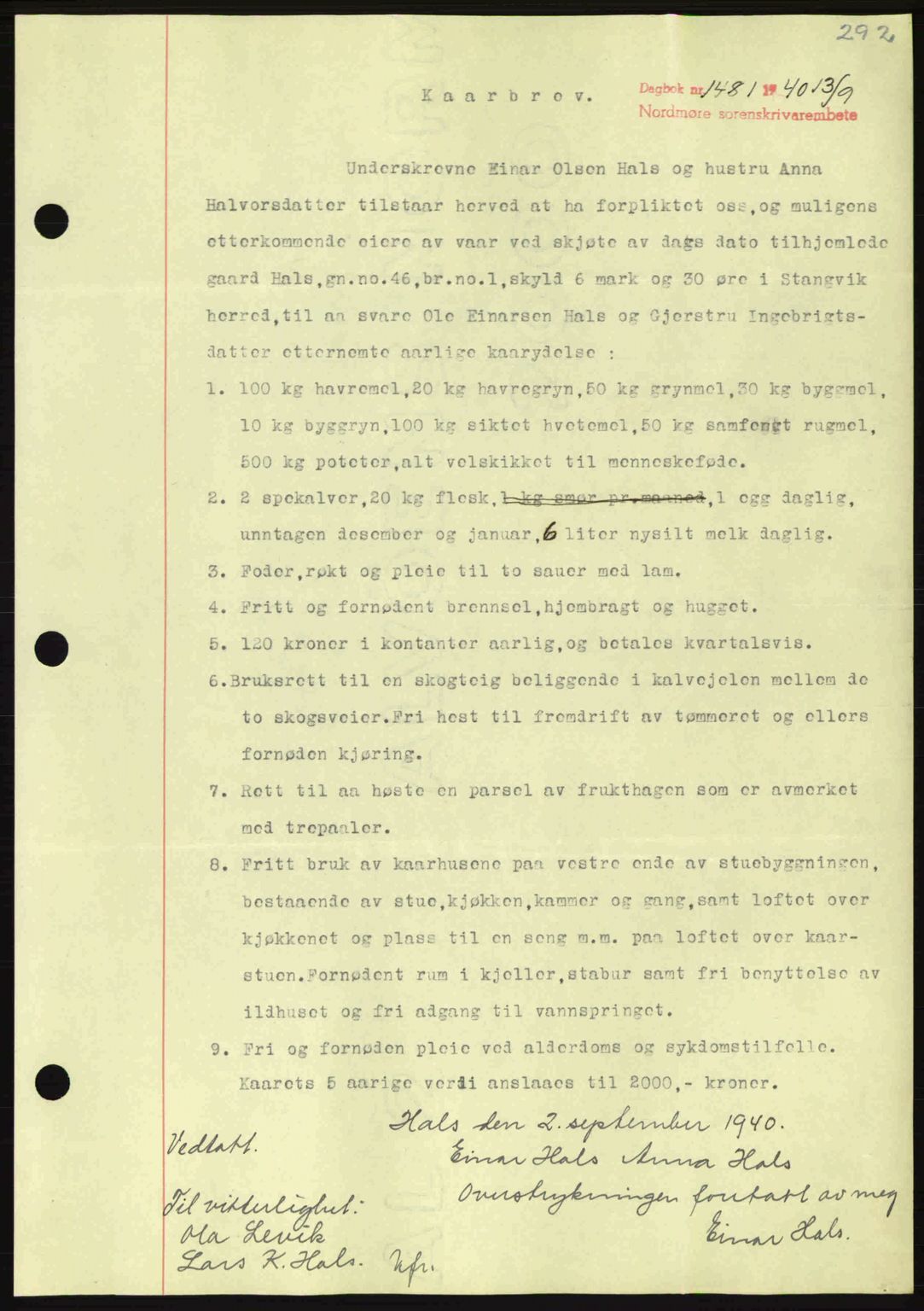 Nordmøre sorenskriveri, AV/SAT-A-4132/1/2/2Ca: Mortgage book no. B87, 1940-1941, Diary no: : 1481/1940