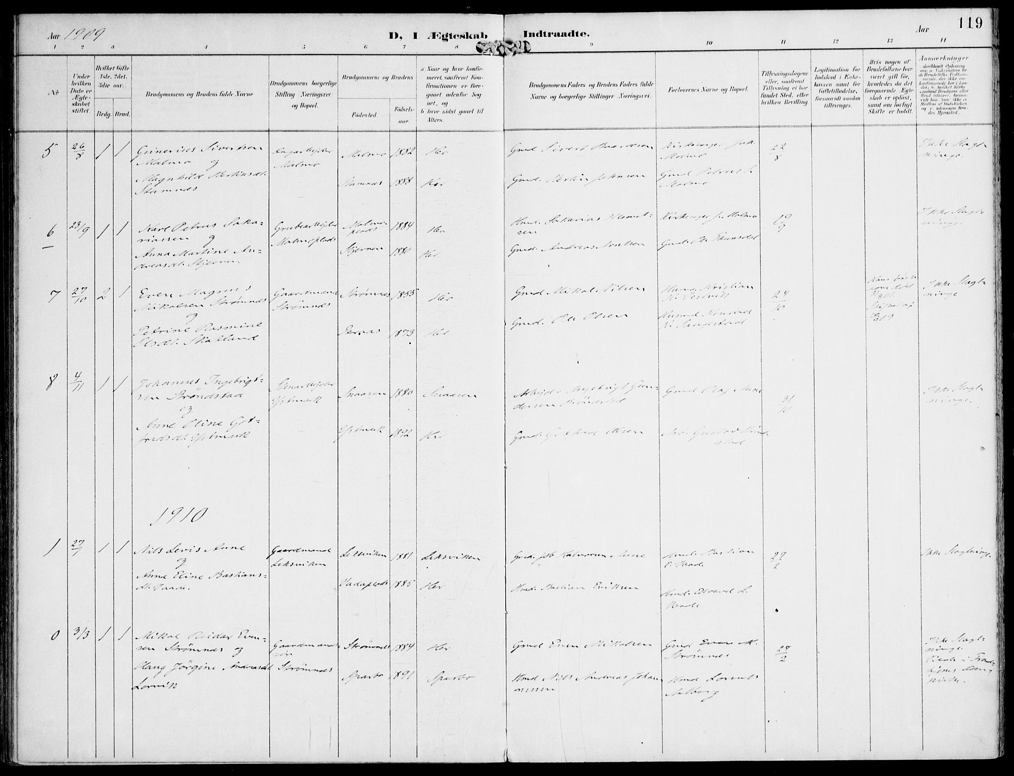Ministerialprotokoller, klokkerbøker og fødselsregistre - Nord-Trøndelag, SAT/A-1458/745/L0430: Parish register (official) no. 745A02, 1895-1913, p. 119