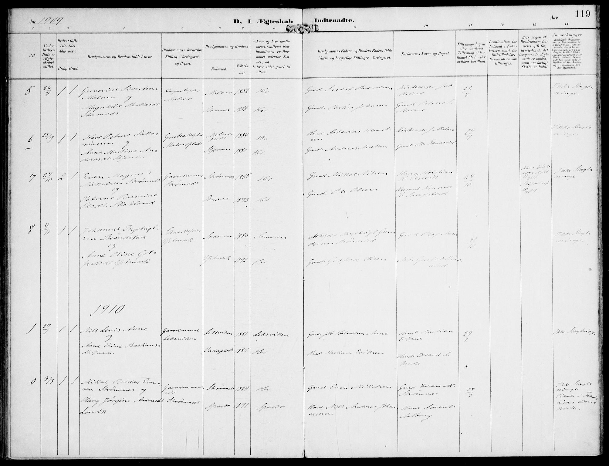 Ministerialprotokoller, klokkerbøker og fødselsregistre - Nord-Trøndelag, AV/SAT-A-1458/745/L0430: Parish register (official) no. 745A02, 1895-1913, p. 119