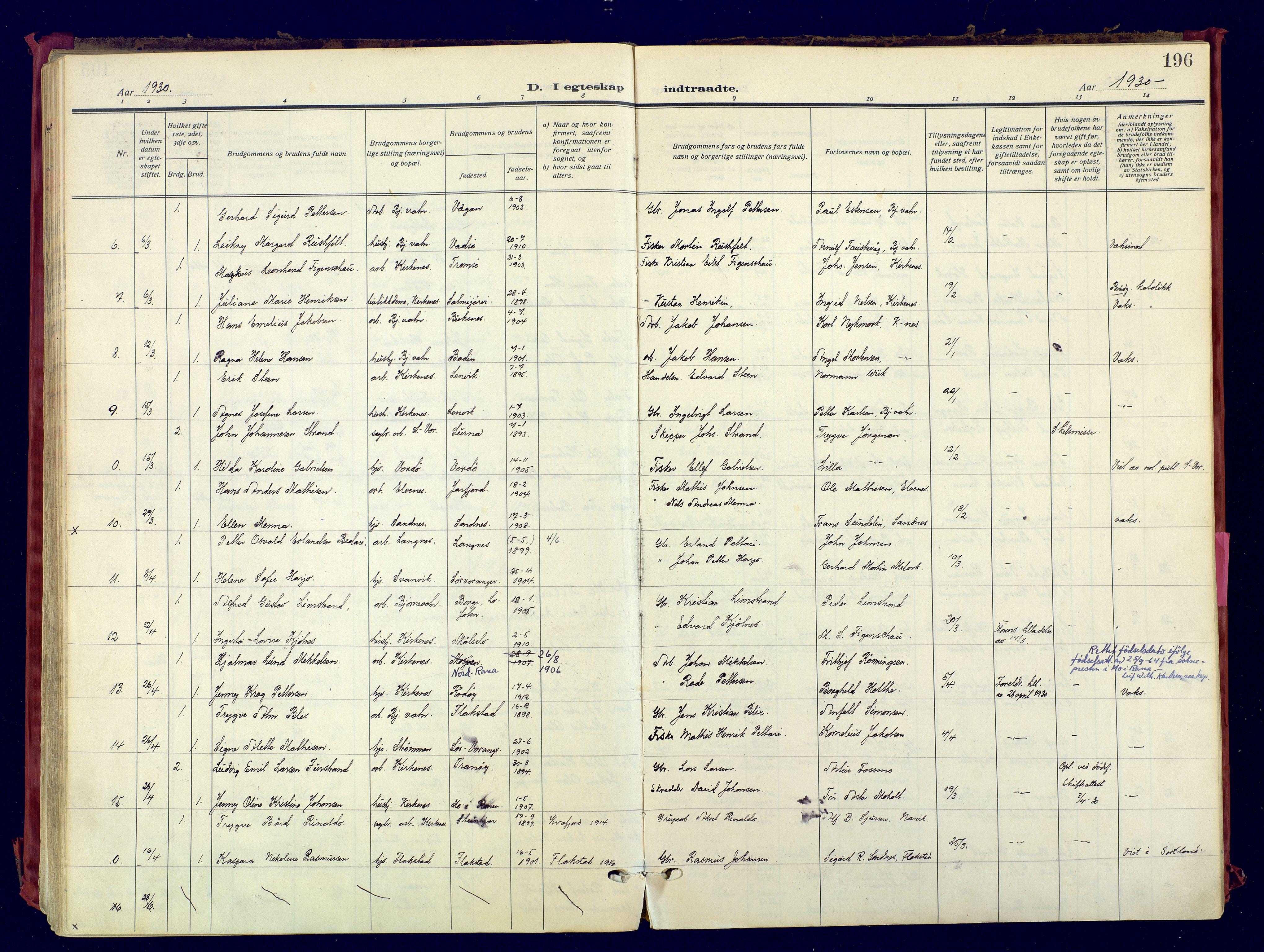 Sør-Varanger sokneprestkontor, AV/SATØ-S-1331/H/Ha/L0007kirke: Parish register (official) no. 7, 1927-1937, p. 196