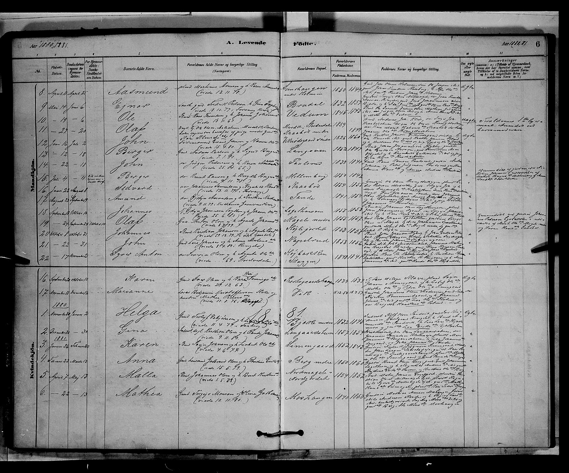 Øyer prestekontor, SAH/PREST-084/H/Ha/Hab/L0003: Parish register (copy) no. 3, 1878-1893, p. 6