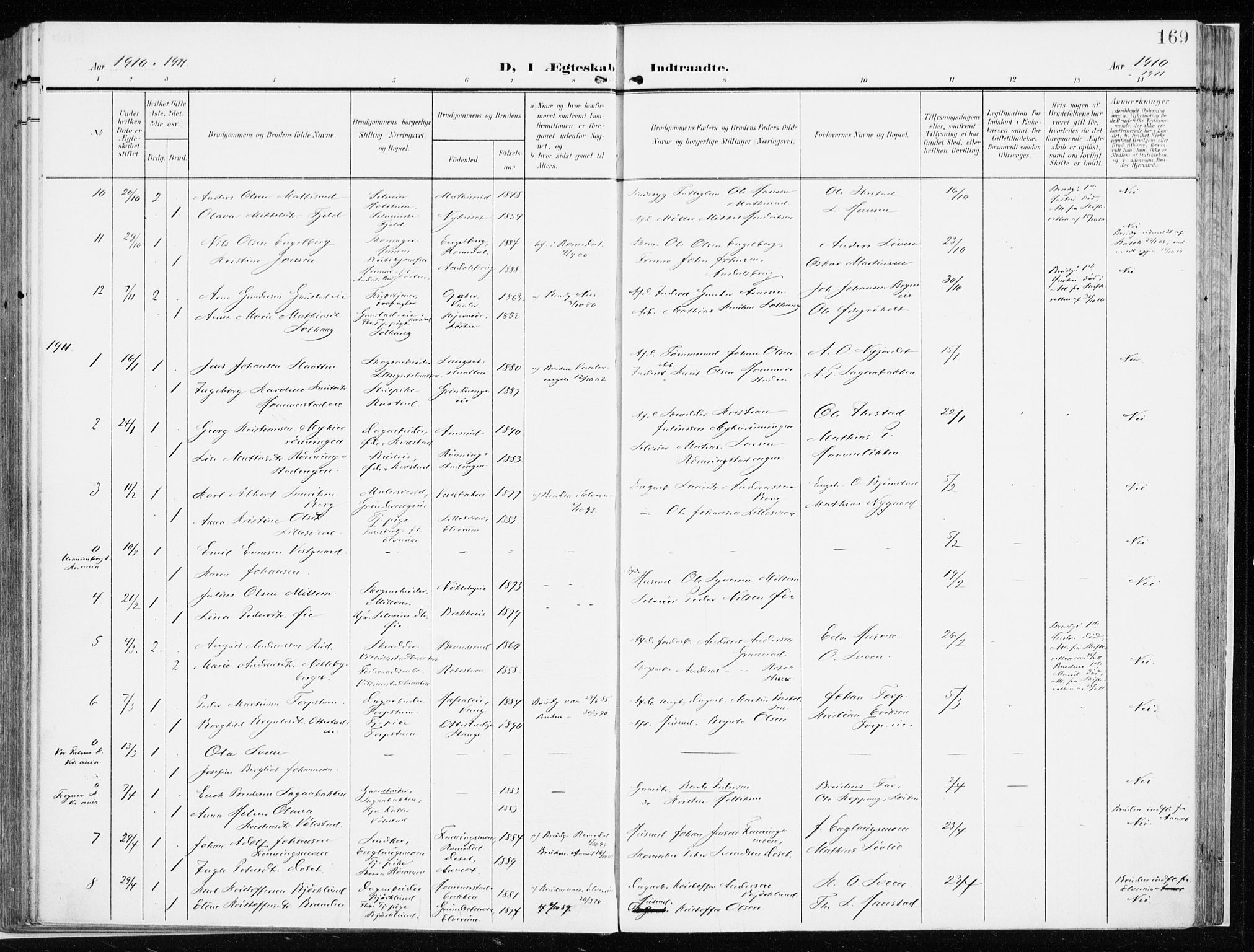 Løten prestekontor, SAH/PREST-022/K/Ka/L0011: Parish register (official) no. 11, 1908-1917, p. 169