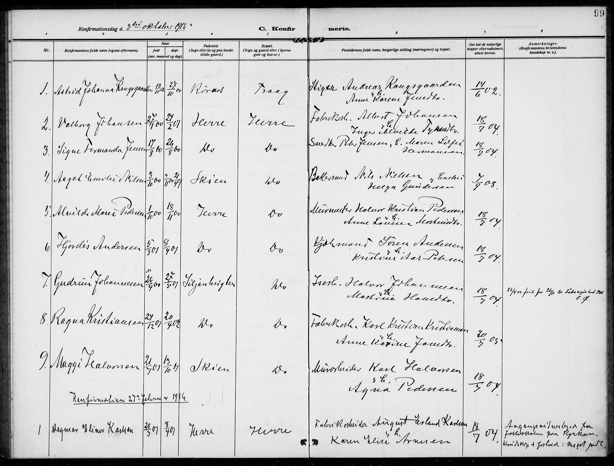 Bamble kirkebøker, SAKO/A-253/F/Fc/L0001: Parish register (official) no. III 1, 1909-1916, p. 99