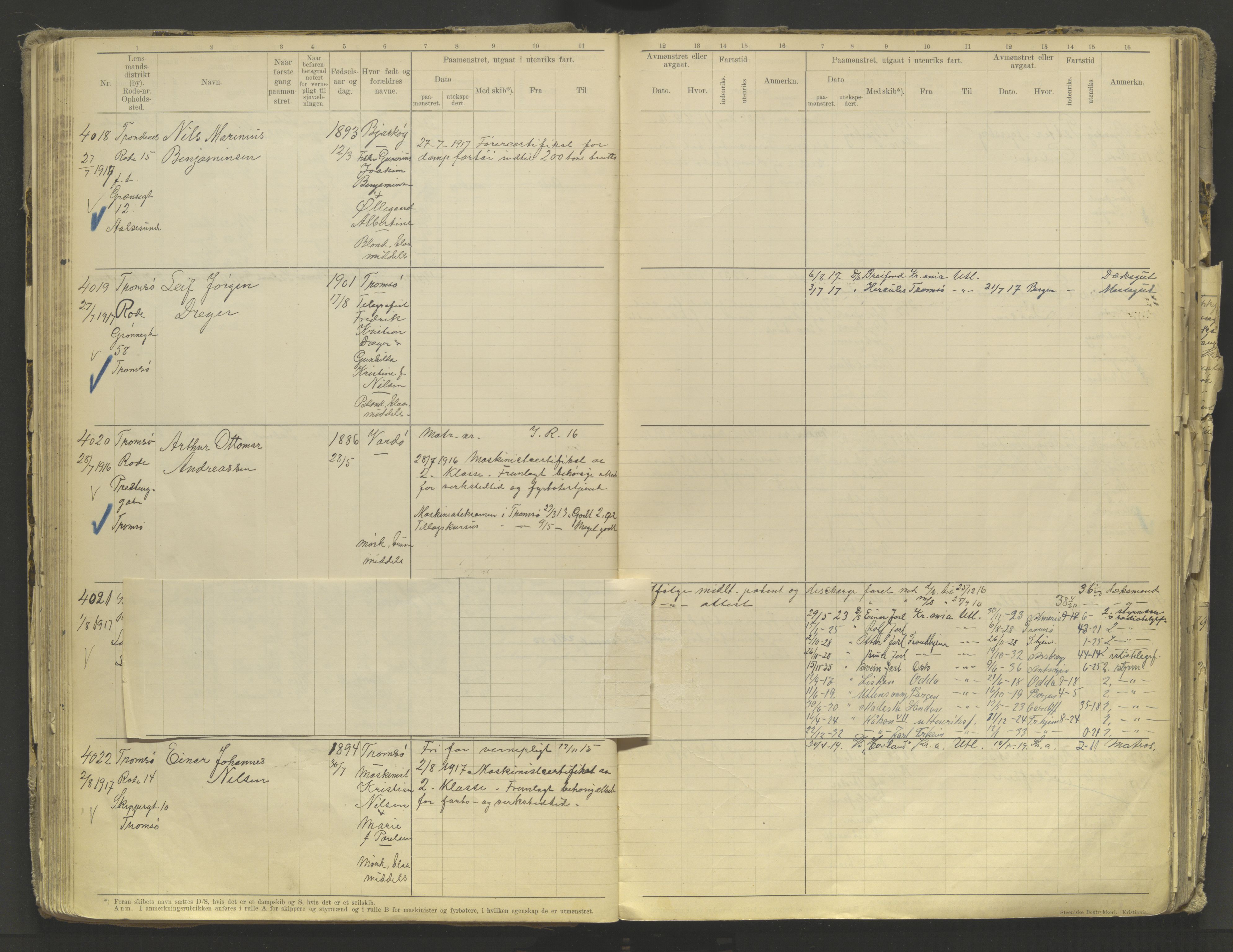 Tromsø sjømannskontor/innrullerings-/mønstringsdistrikt, AV/SATØ-S-0243/F/Fb/L0010: Annotasjonsrulle. Defekt: løs innbinding. Nr. 3519-4972, 1916-1920