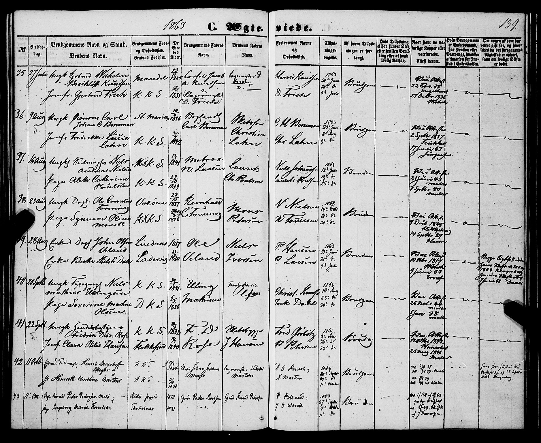 Korskirken sokneprestembete, AV/SAB-A-76101/H/Haa/L0035: Parish register (official) no. D 2, 1852-1867, p. 139