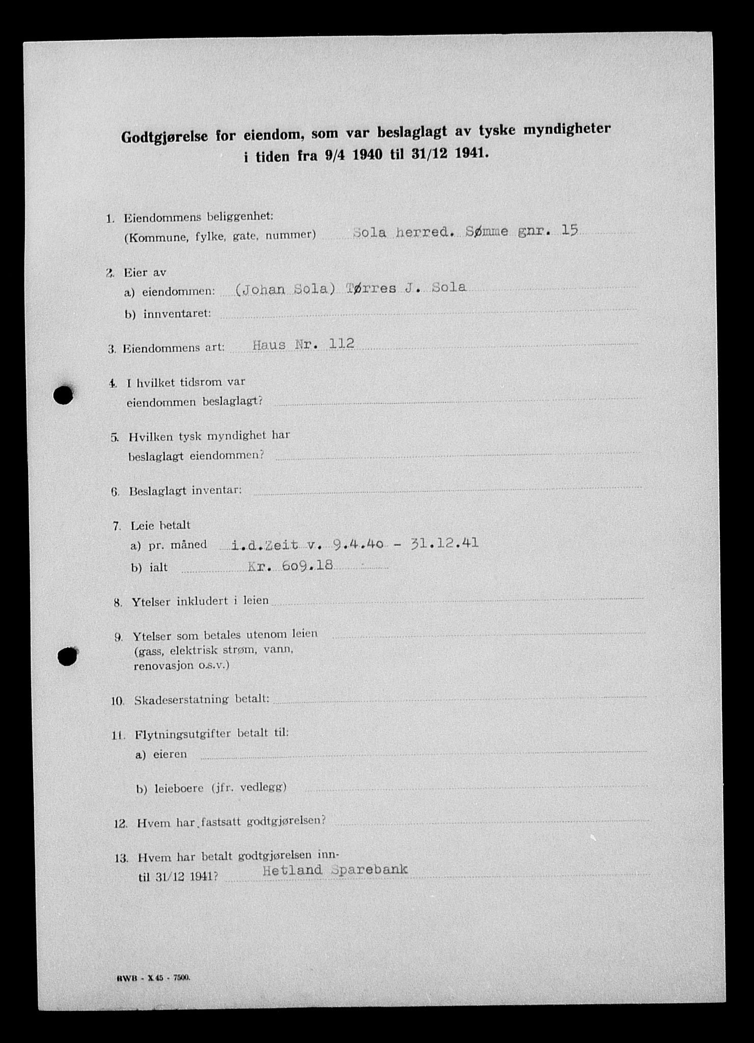 Justisdepartementet, Tilbakeføringskontoret for inndratte formuer, AV/RA-S-1564/I/L1015: Godtgjørelse for beslaglagt eiendom, 1940-1941, p. 230