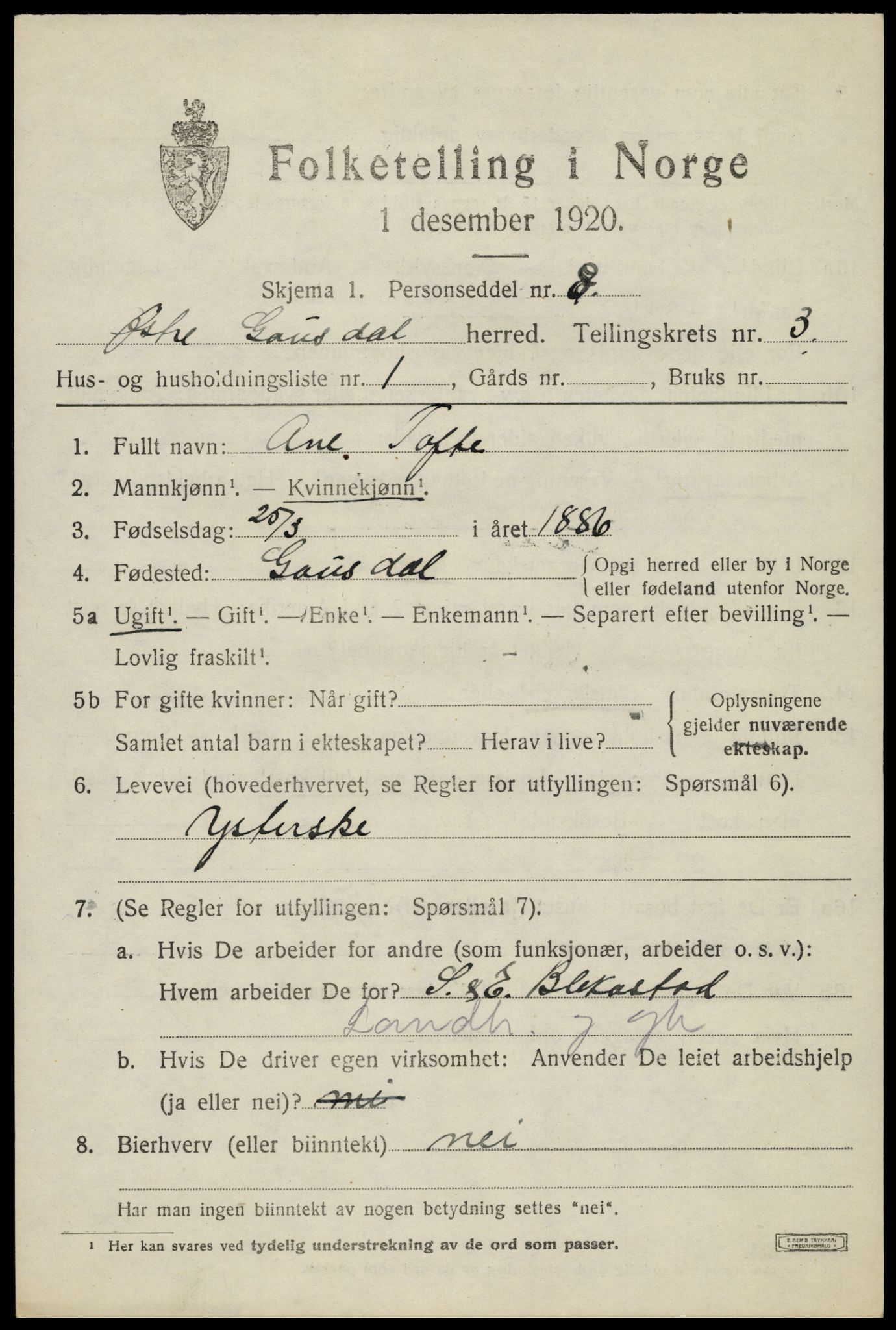 SAH, 1920 census for Østre Gausdal, 1920, p. 1924