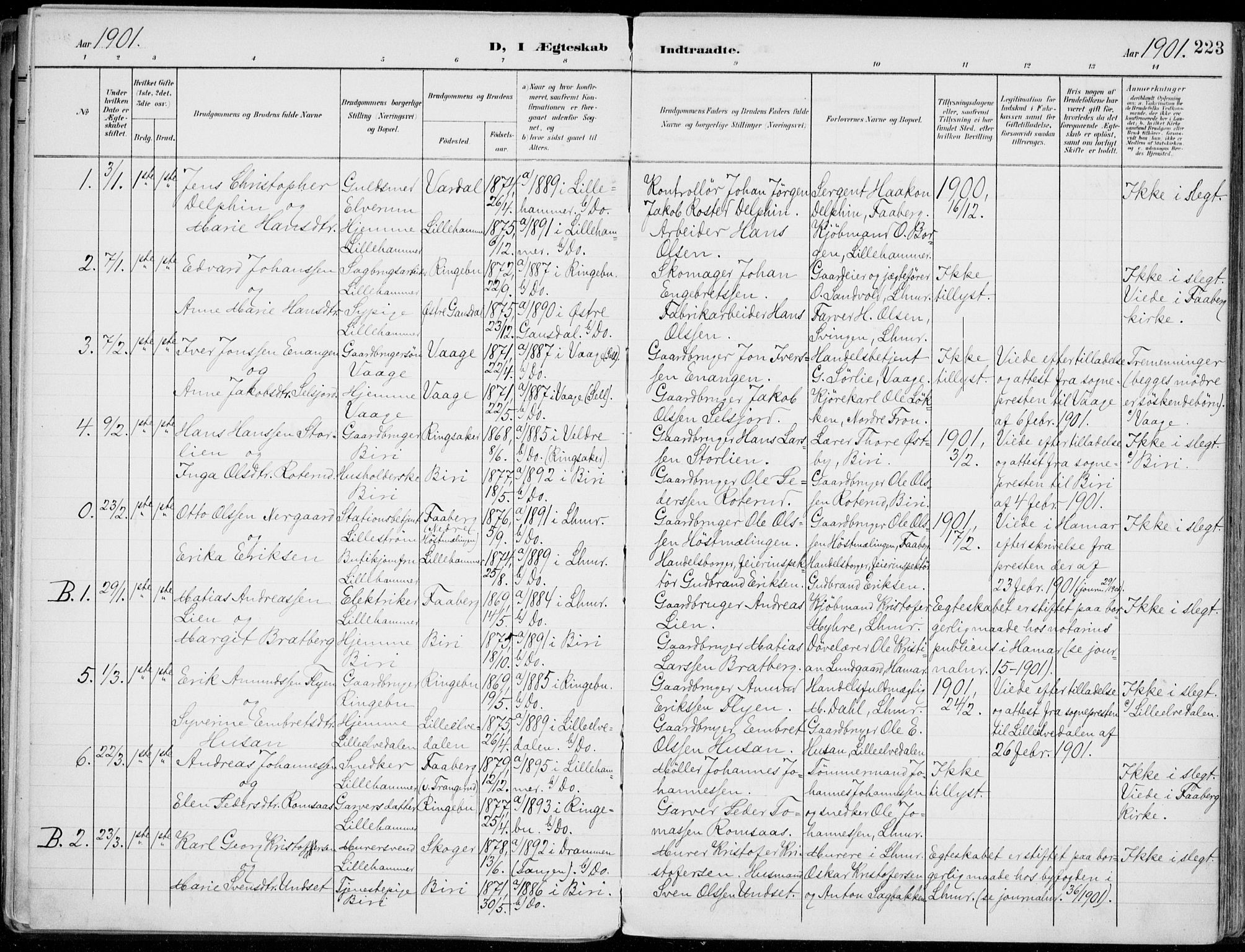 Lillehammer prestekontor, SAH/PREST-088/H/Ha/Haa/L0001: Parish register (official) no. 1, 1901-1916, p. 223