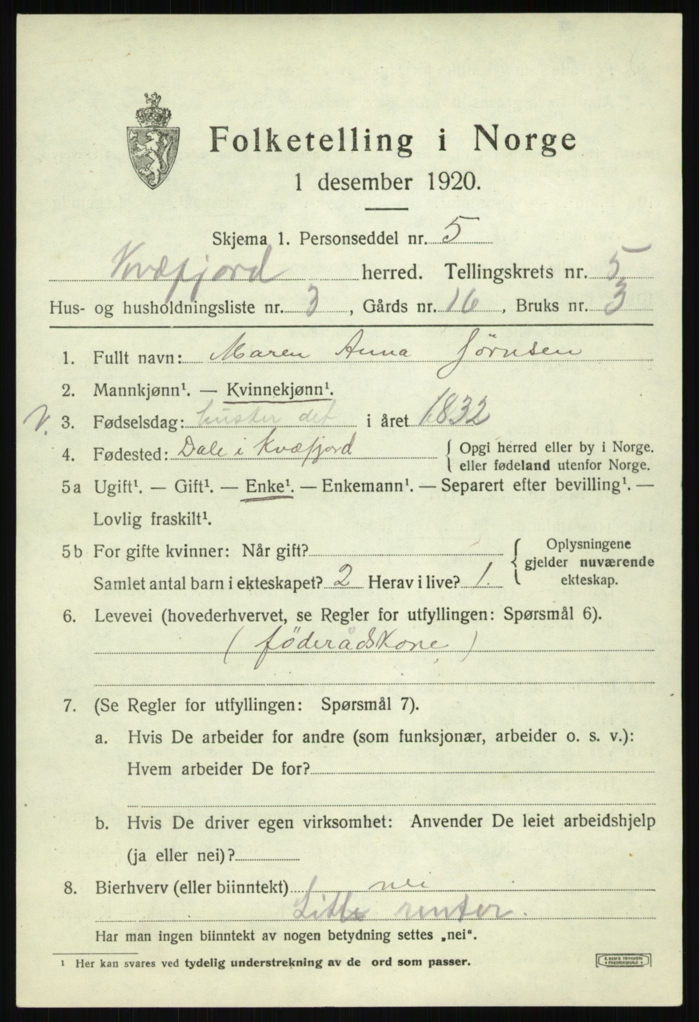 SATØ, 1920 census for Kvæfjord, 1920, p. 2607