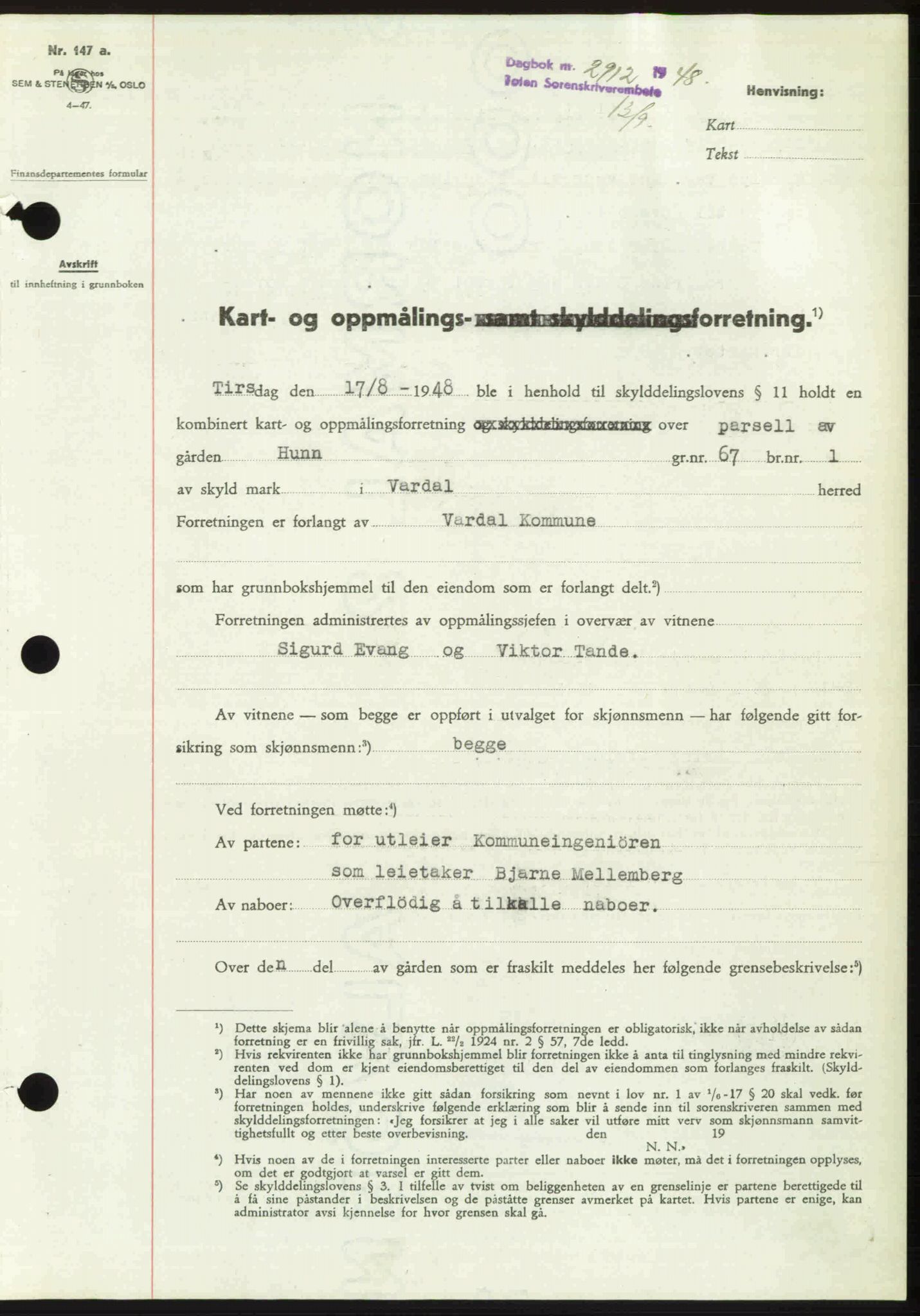 Toten tingrett, SAH/TING-006/H/Hb/Hbc/L0020: Mortgage book no. Hbc-20, 1948-1948, Diary no: : 2912/1948