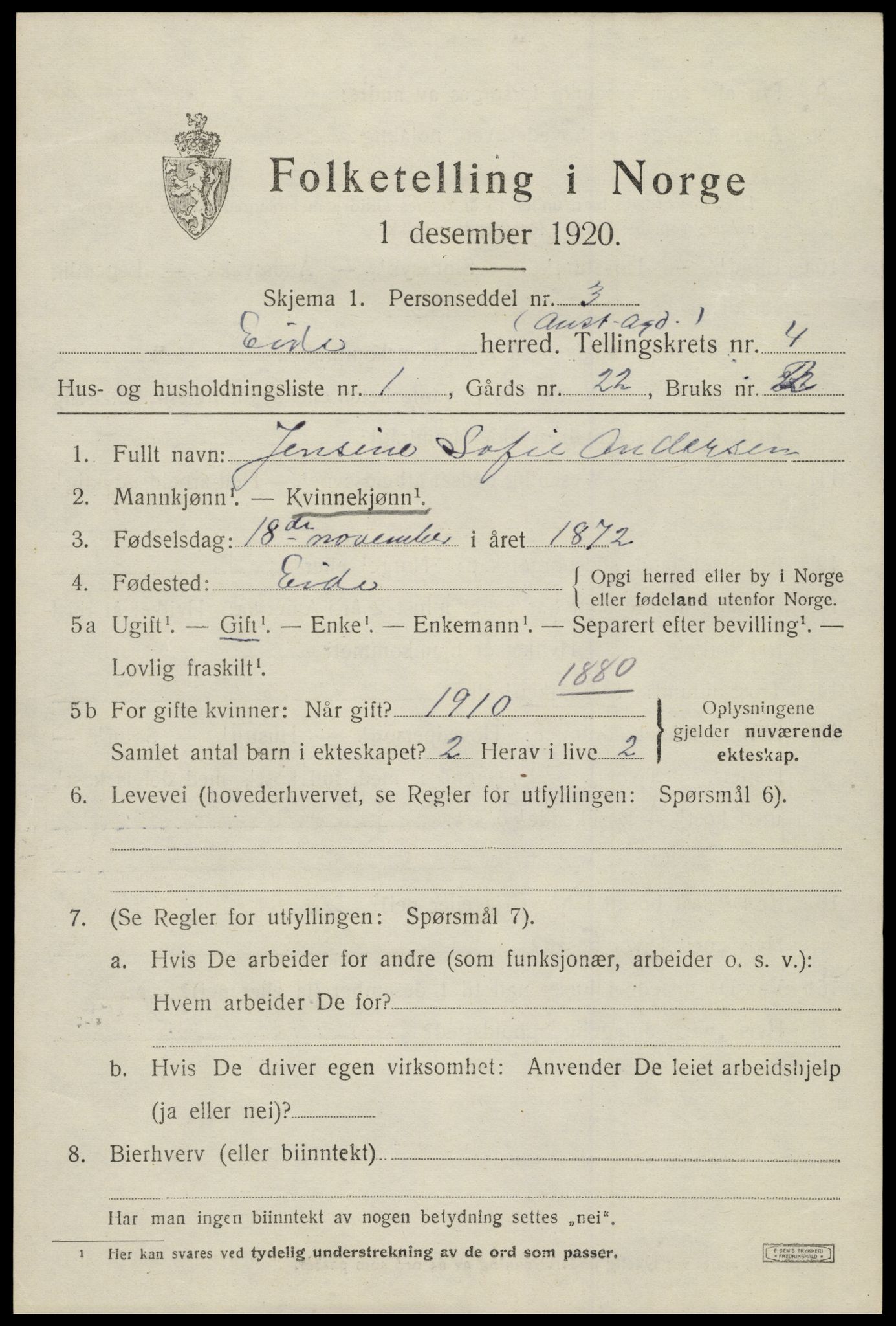 SAK, 1920 census for Eide, 1920, p. 1156