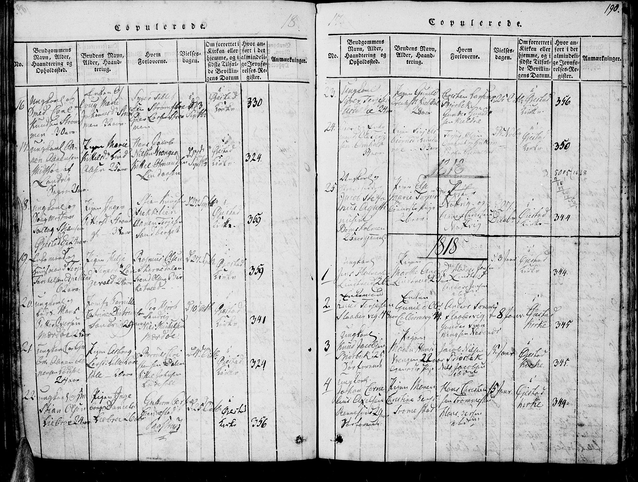 Øyestad sokneprestkontor, SAK/1111-0049/F/Fb/L0003: Parish register (copy) no. B 3, 1816-1827, p. 190