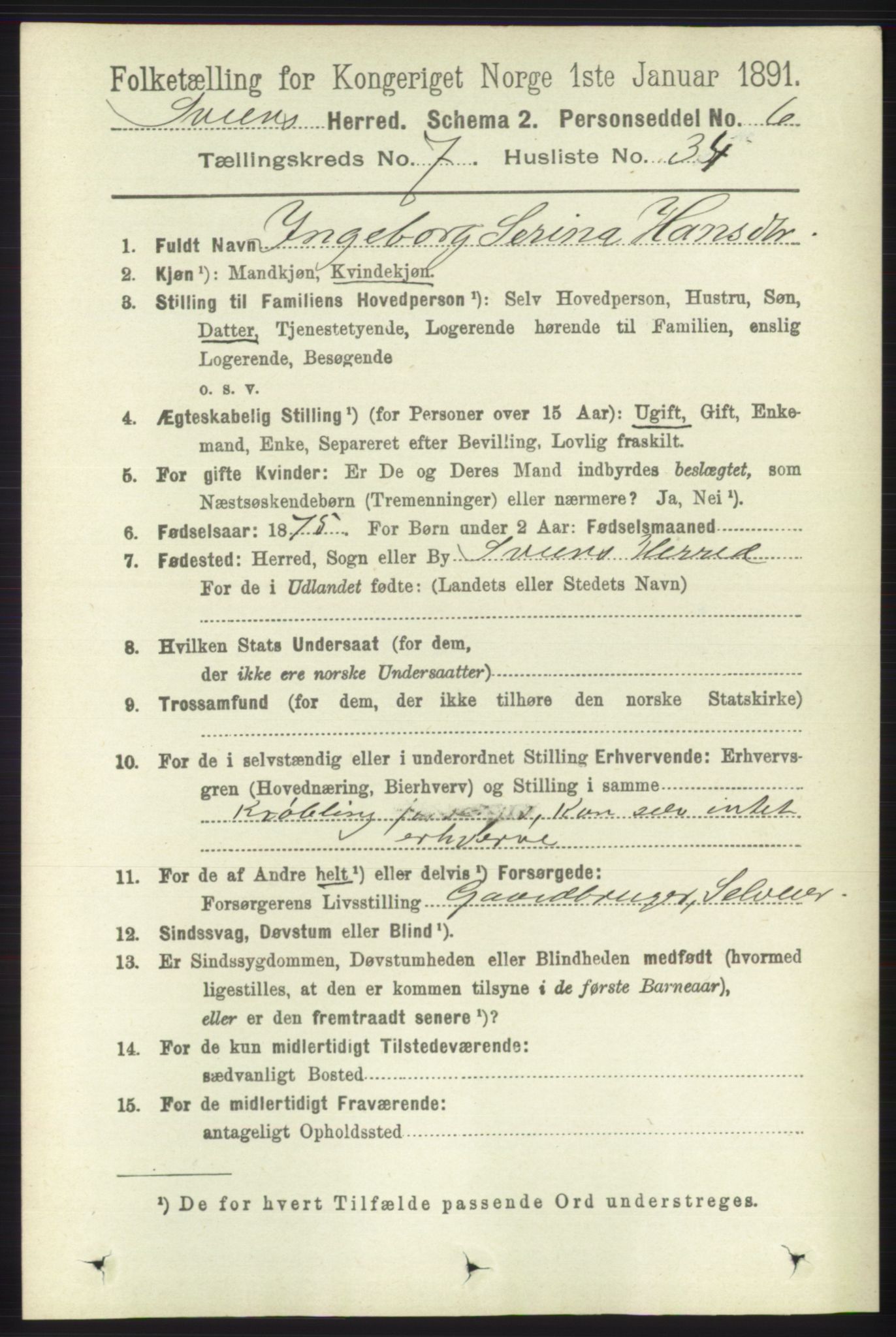RA, 1891 census for 1216 Sveio, 1891, p. 2172