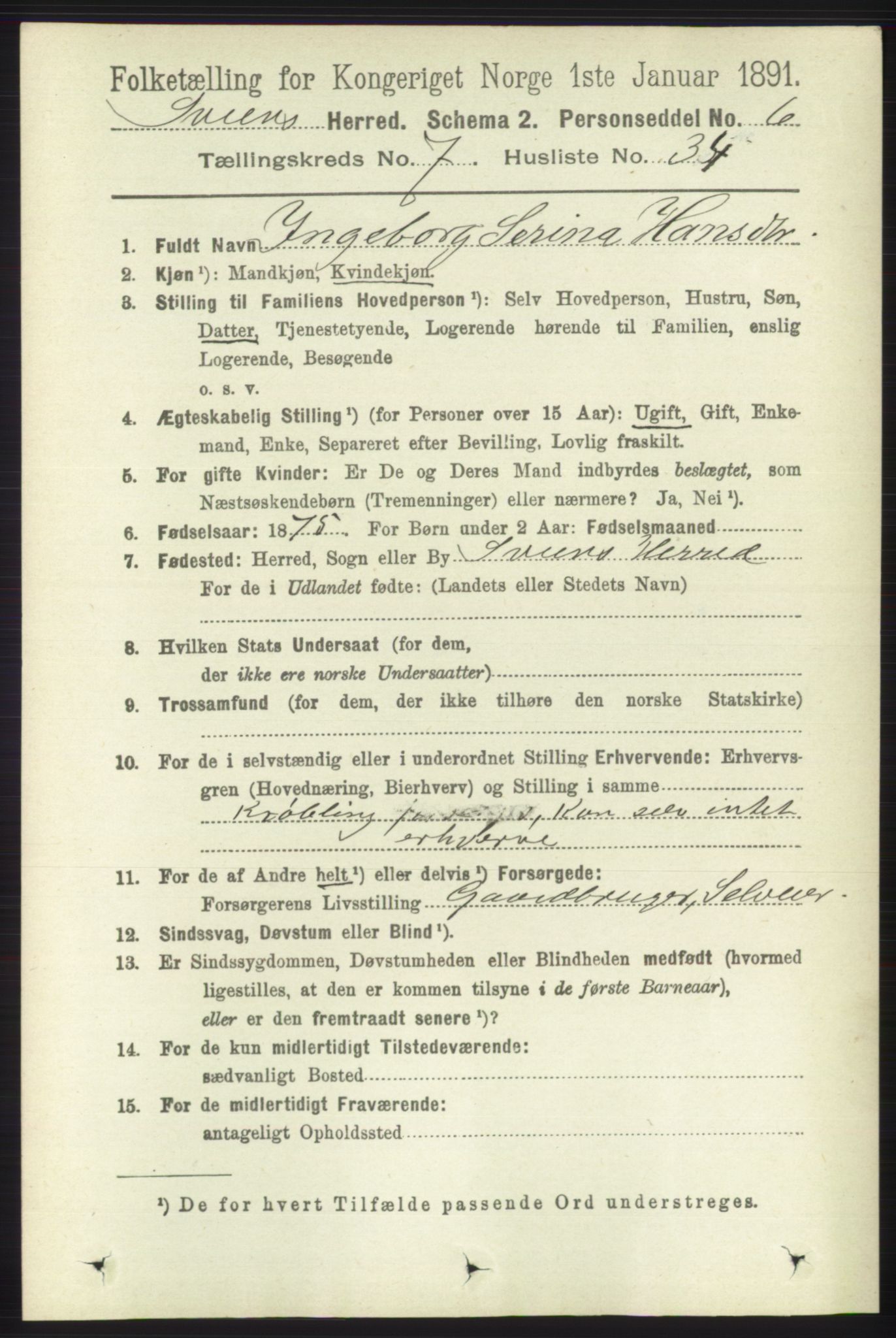 RA, 1891 census for 1216 Sveio, 1891, p. 2172