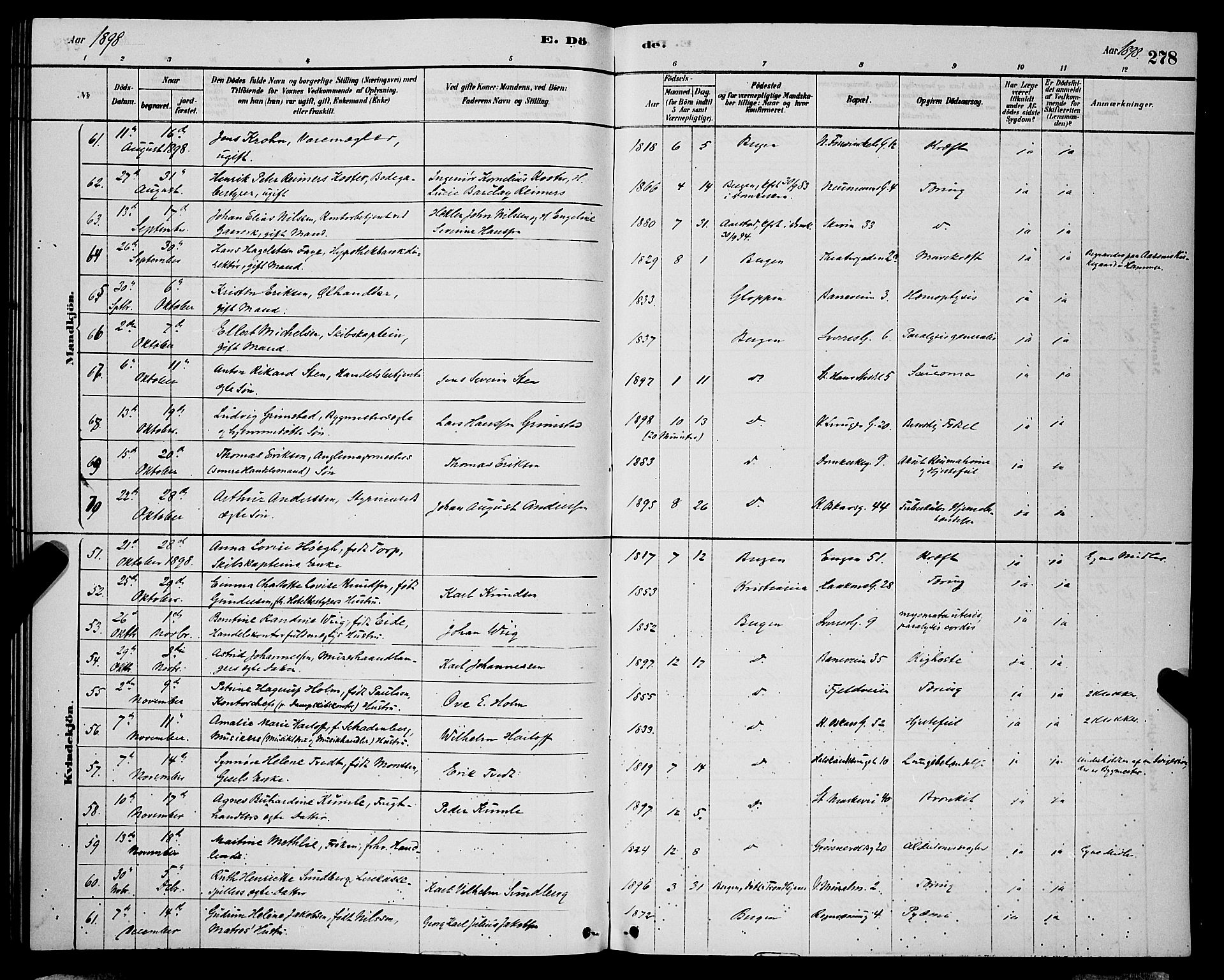 Domkirken sokneprestembete, AV/SAB-A-74801/H/Hab/L0041: Parish register (copy) no. E 5, 1878-1900, p. 278