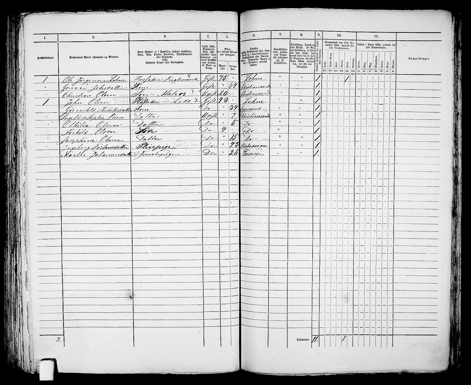 RA, 1865 census for Kristiansand, 1865, p. 829