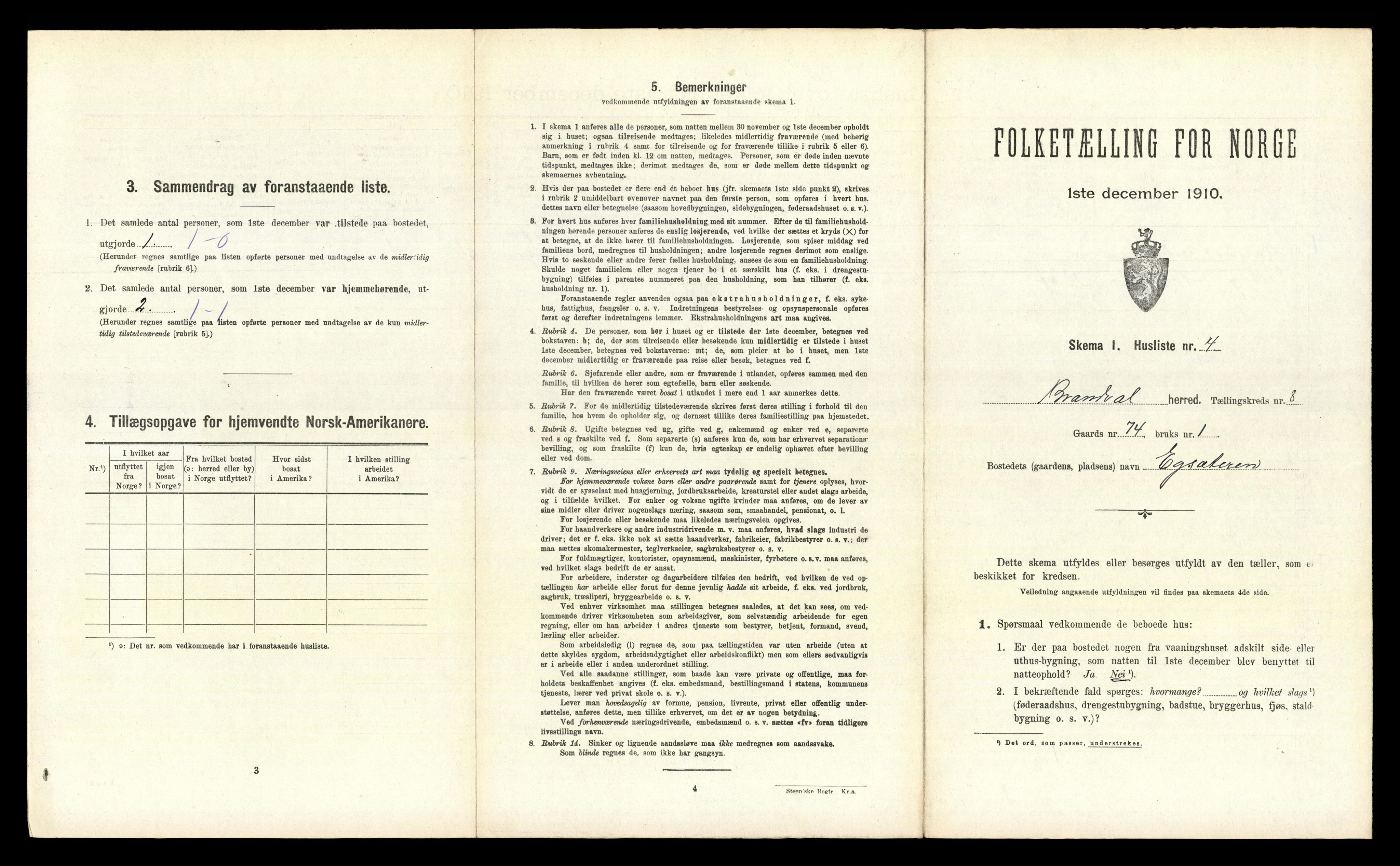 RA, 1910 census for Brandval, 1910, p. 1155