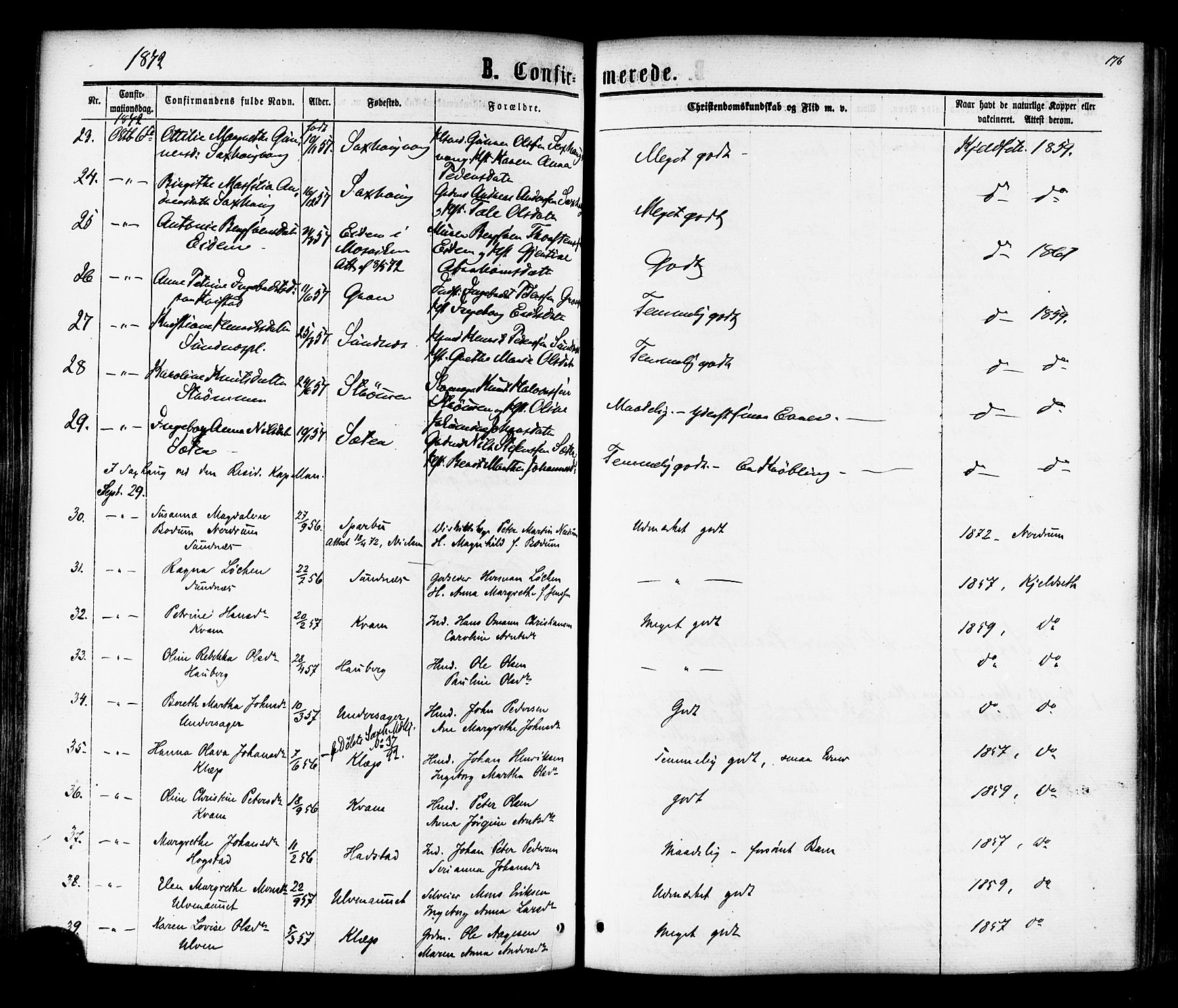 Ministerialprotokoller, klokkerbøker og fødselsregistre - Nord-Trøndelag, AV/SAT-A-1458/730/L0284: Parish register (official) no. 730A09, 1866-1878, p. 176