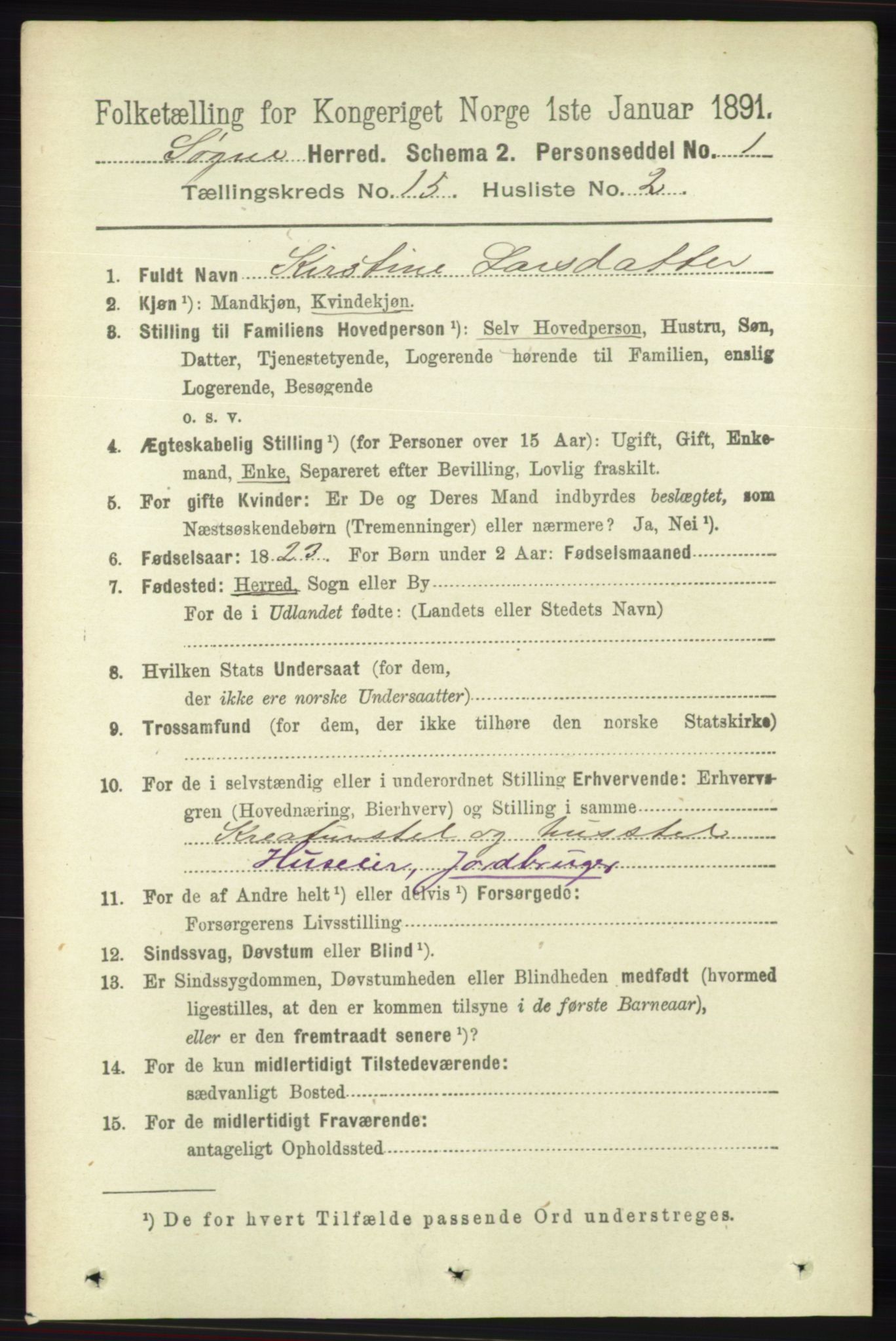 RA, 1891 census for 1018 Søgne, 1891, p. 3903