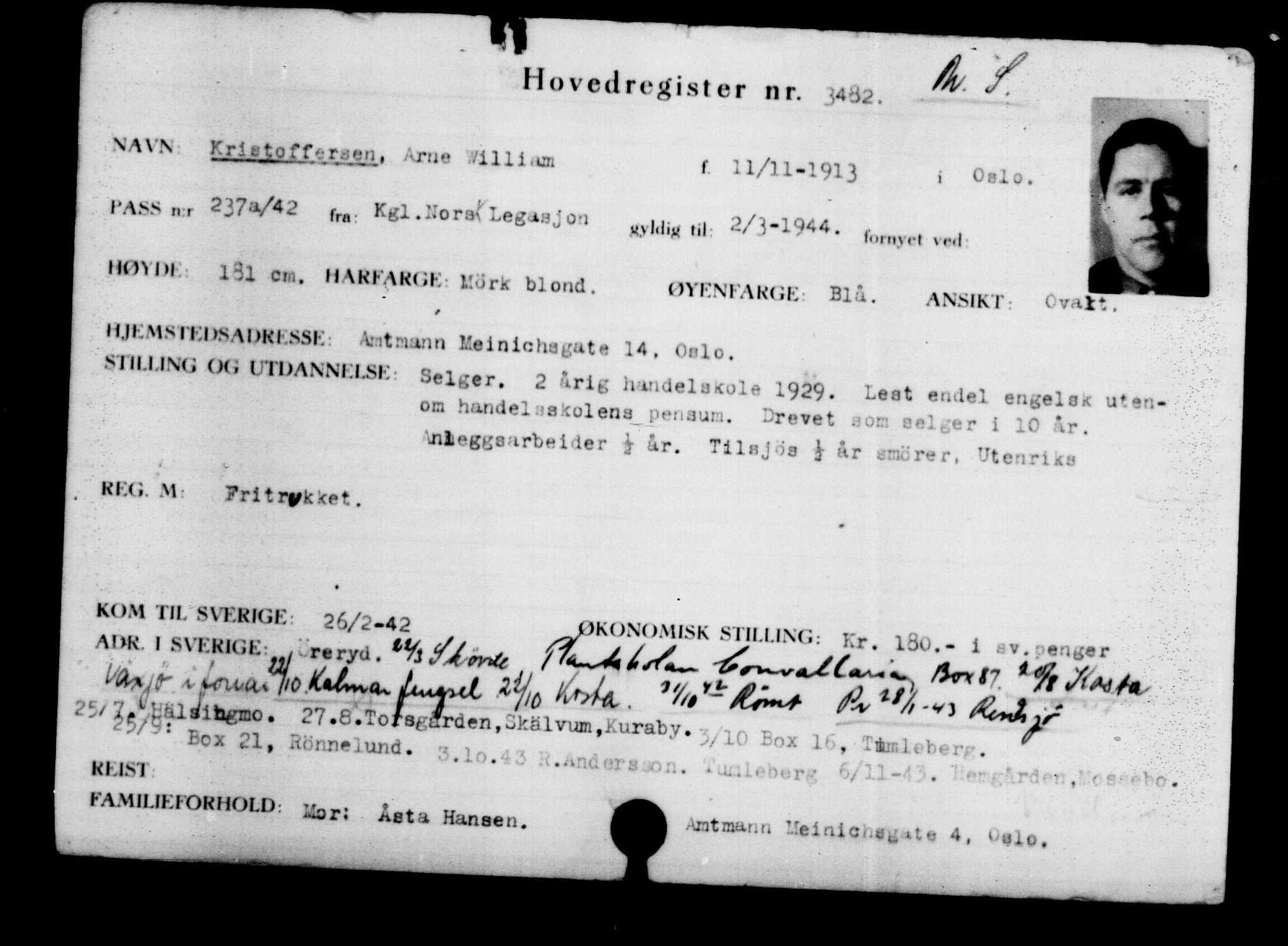 Utenriksstasjonene, Legasjonen i Stockholm, Flyktningkontoret, AV/RA-S-6753/V/Va/L0003: Kjesäterkartoteket, flyktninger med registreringsnr. 2001-3495, 1940-1945, p. 1996