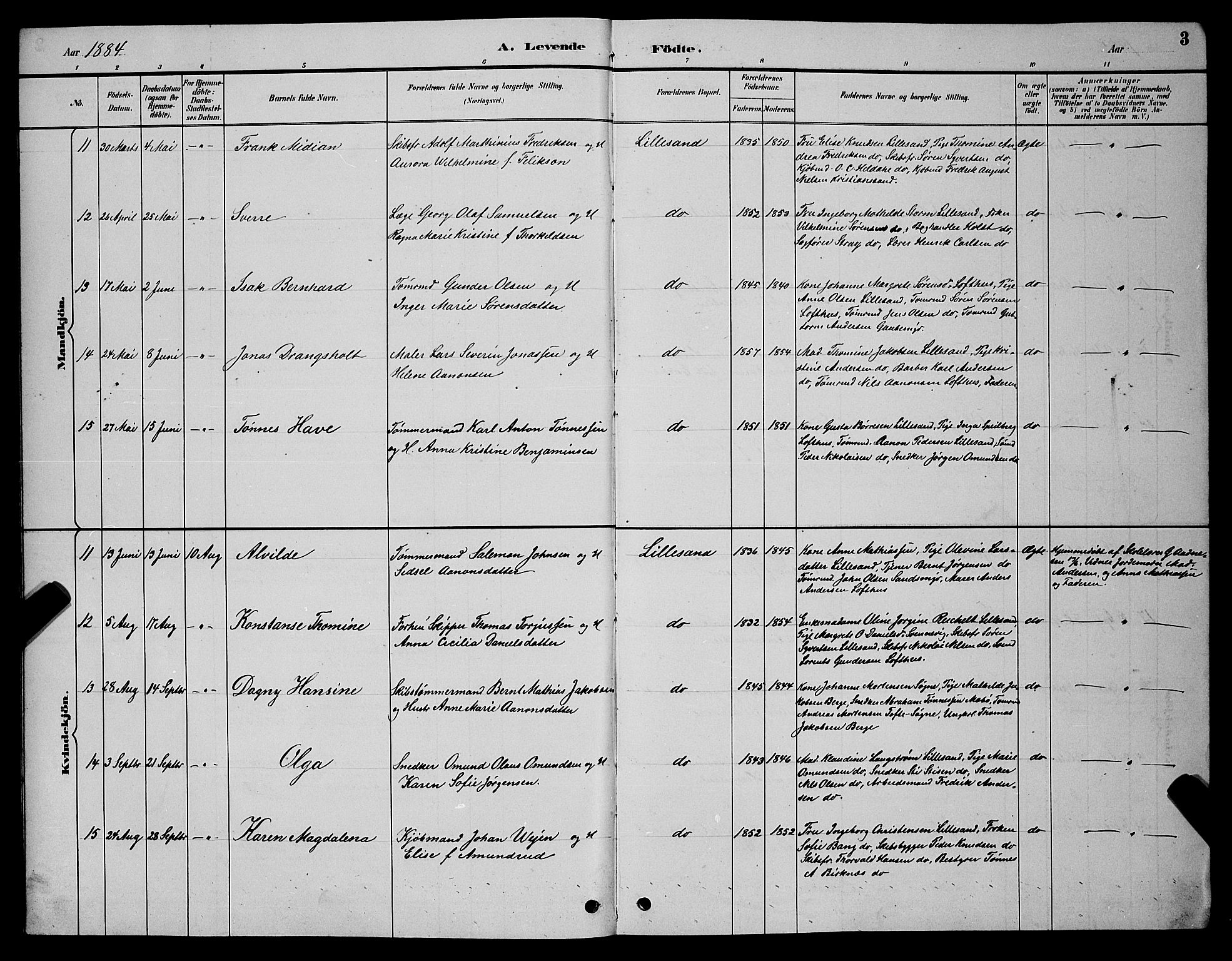 Vestre Moland sokneprestkontor, AV/SAK-1111-0046/F/Fb/Fba/L0001: Parish register (copy) no. B 1, 1884-1903, p. 3