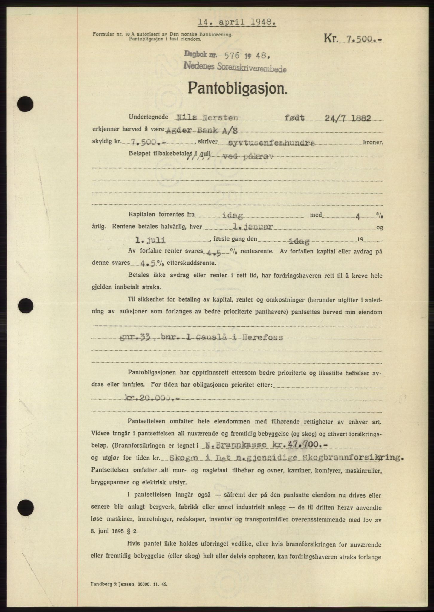 Nedenes sorenskriveri, AV/SAK-1221-0006/G/Gb/Gbb/L0005: Mortgage book no. B5, 1948-1948, Diary no: : 576/1948