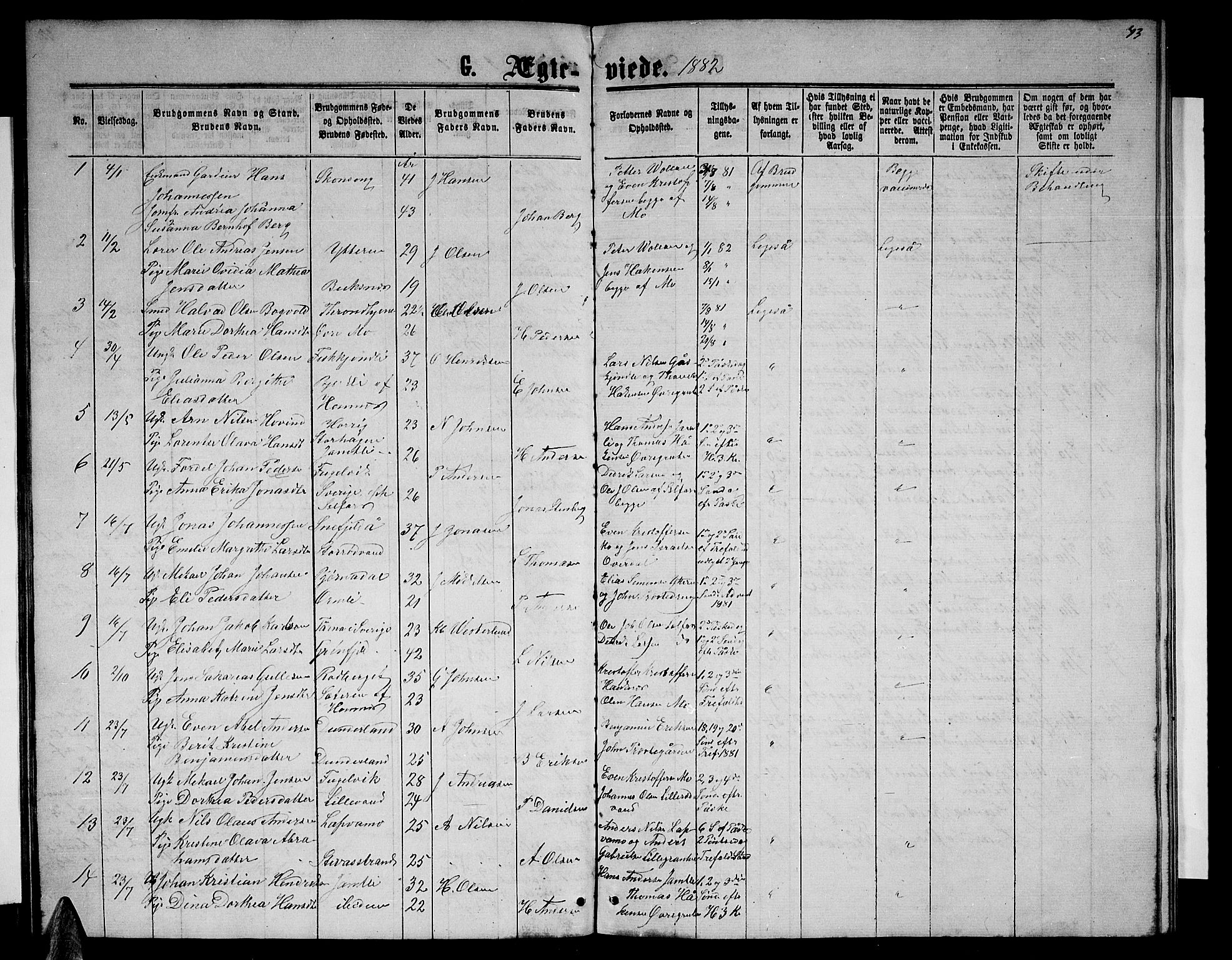 Ministerialprotokoller, klokkerbøker og fødselsregistre - Nordland, AV/SAT-A-1459/827/L0417: Parish register (copy) no. 827C06, 1864-1886, p. 43