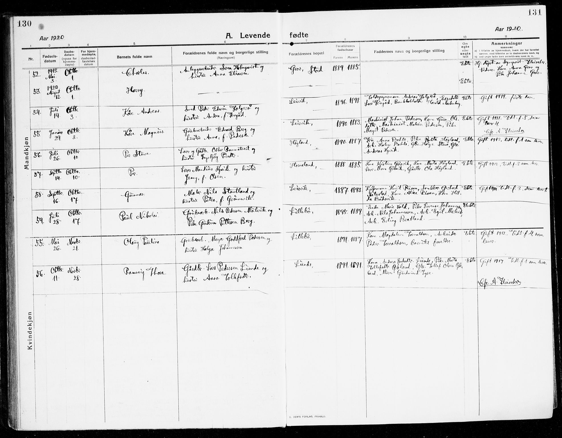 Stord sokneprestembete, AV/SAB-A-78201/H/Haa: Parish register (official) no. B 3, 1913-1925, p. 130-131