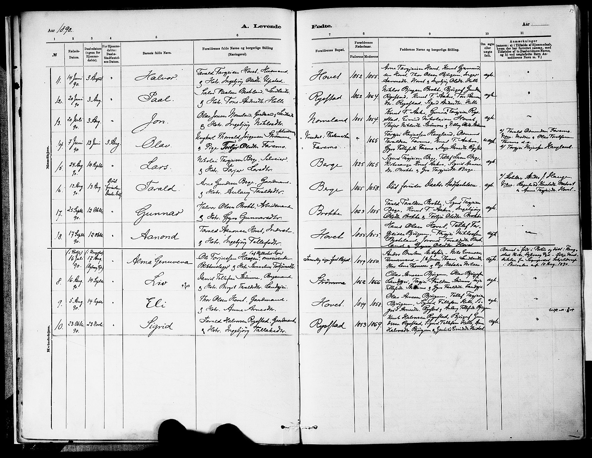 Valle sokneprestkontor, SAK/1111-0044/F/Fa/Fab/L0001: Parish register (official) no. A 1, 1882-1910, p. 17