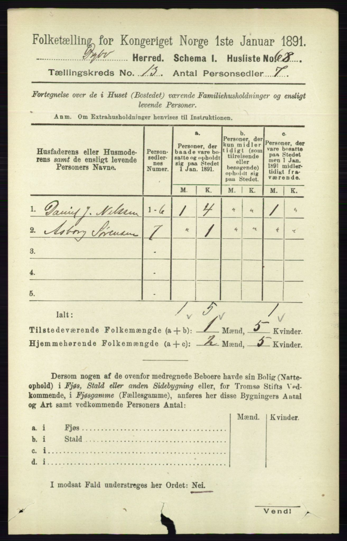 RA, 1891 census for 0915 Dypvåg, 1891, p. 5294