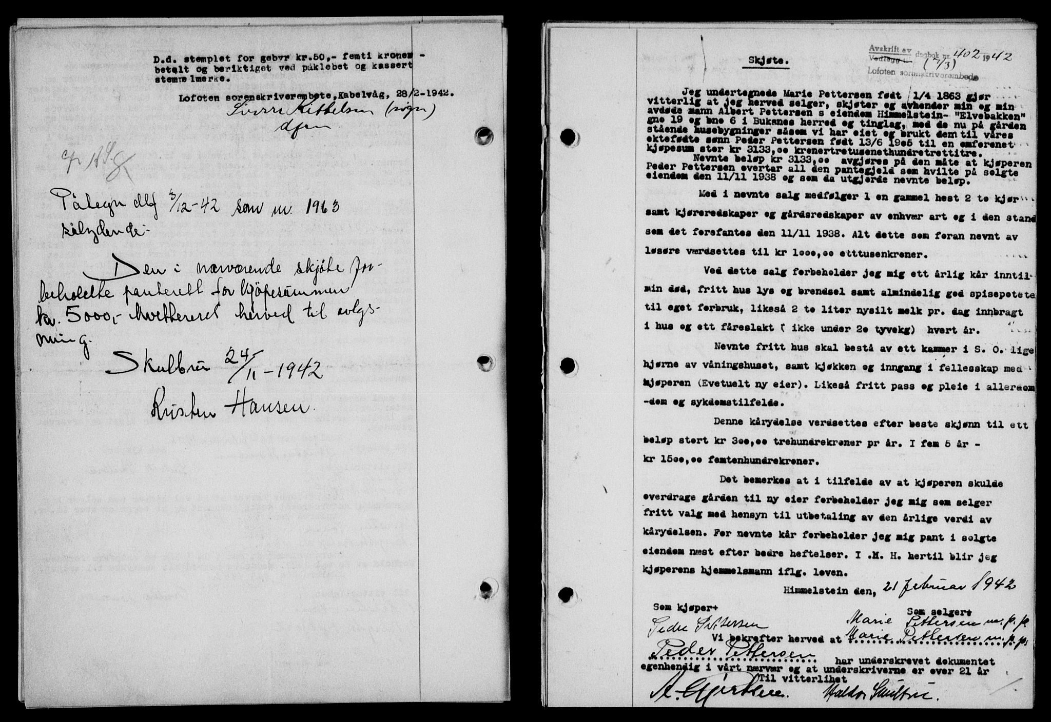 Lofoten sorenskriveri, SAT/A-0017/1/2/2C/L0009a: Mortgage book no. 9a, 1941-1942, Diary no: : 402/1942