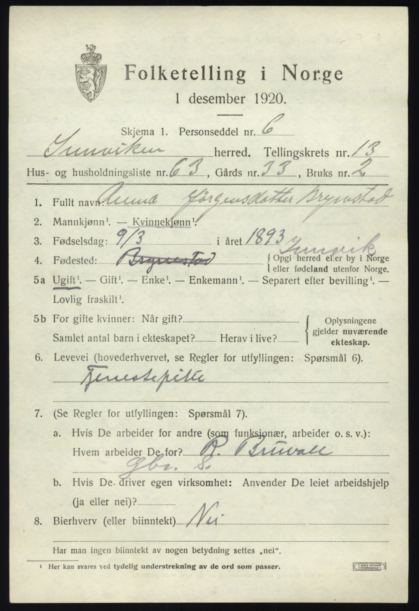 SAB, 1920 census for Innvik, 1920, p. 5781