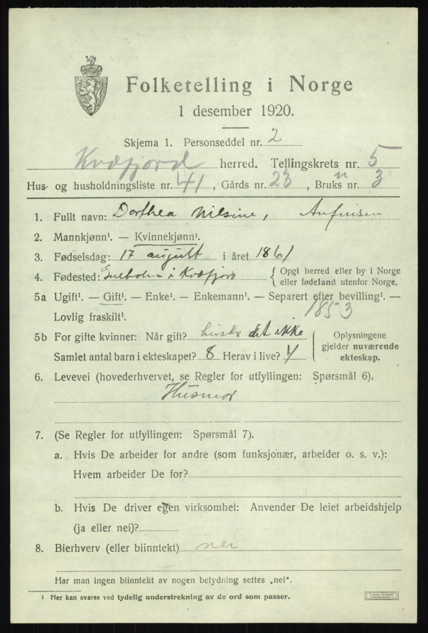 SATØ, 1920 census for Kvæfjord, 1920, p. 3117