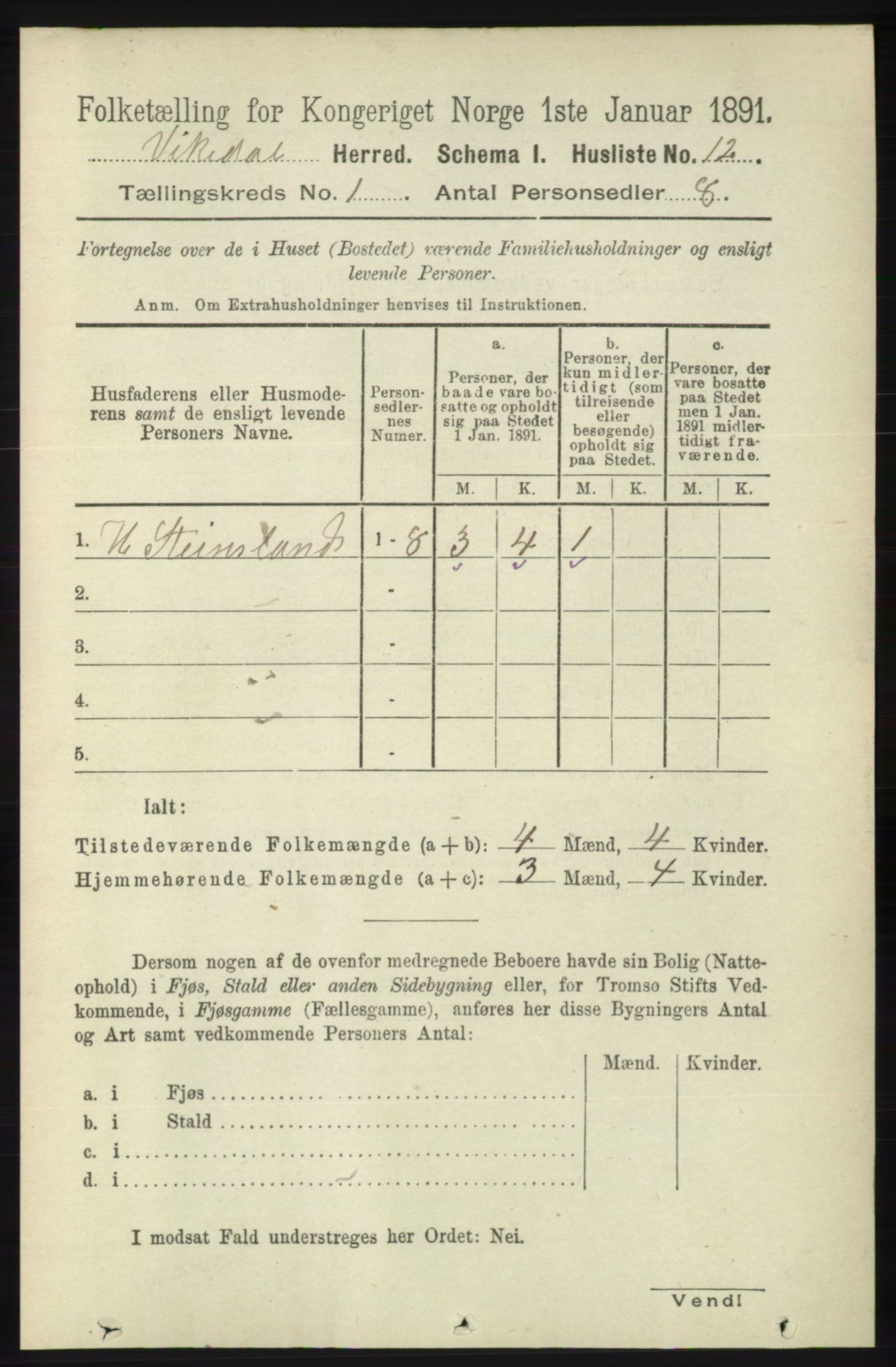 RA, 1891 census for 1157 Vikedal, 1891, p. 43