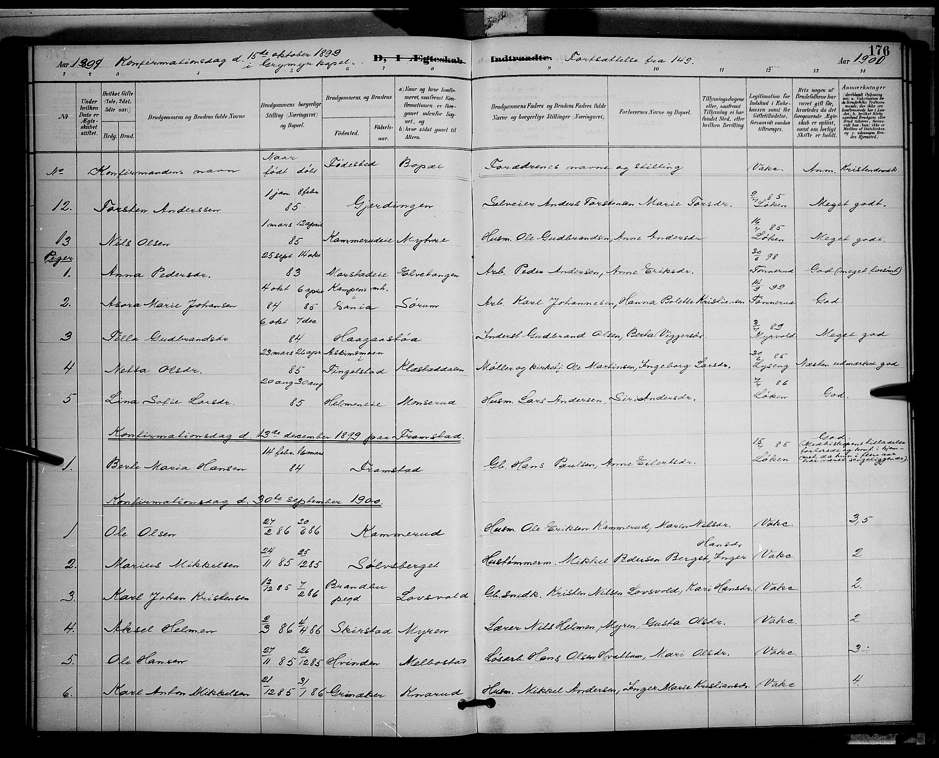 Gran prestekontor, SAH/PREST-112/H/Ha/Hab/L0005: Parish register (copy) no. 5, 1892-1900, p. 176