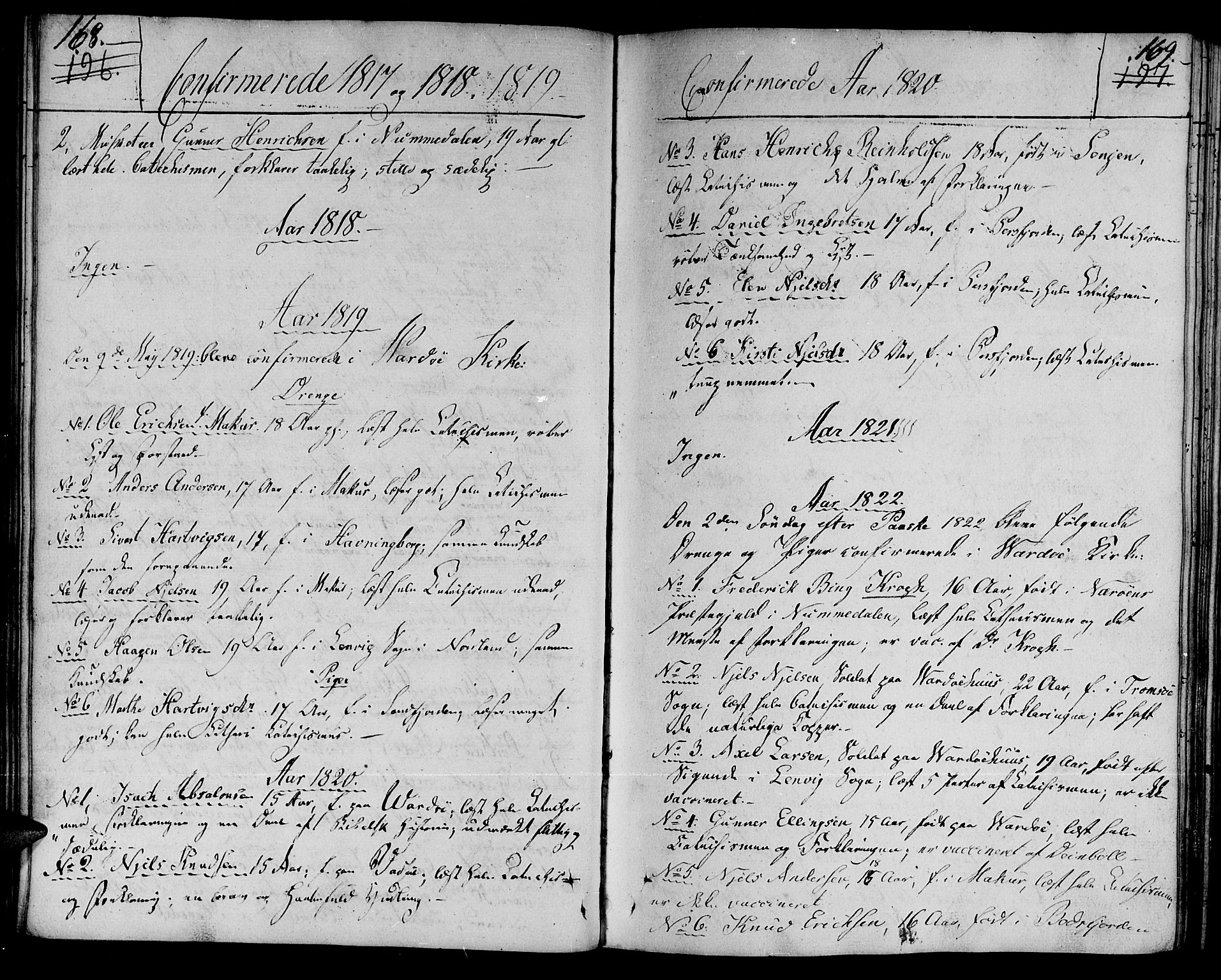 Vardø sokneprestkontor, AV/SATØ-S-1332/H/Ha/L0002kirke: Parish register (official) no. 2, 1805-1842, p. 168-169