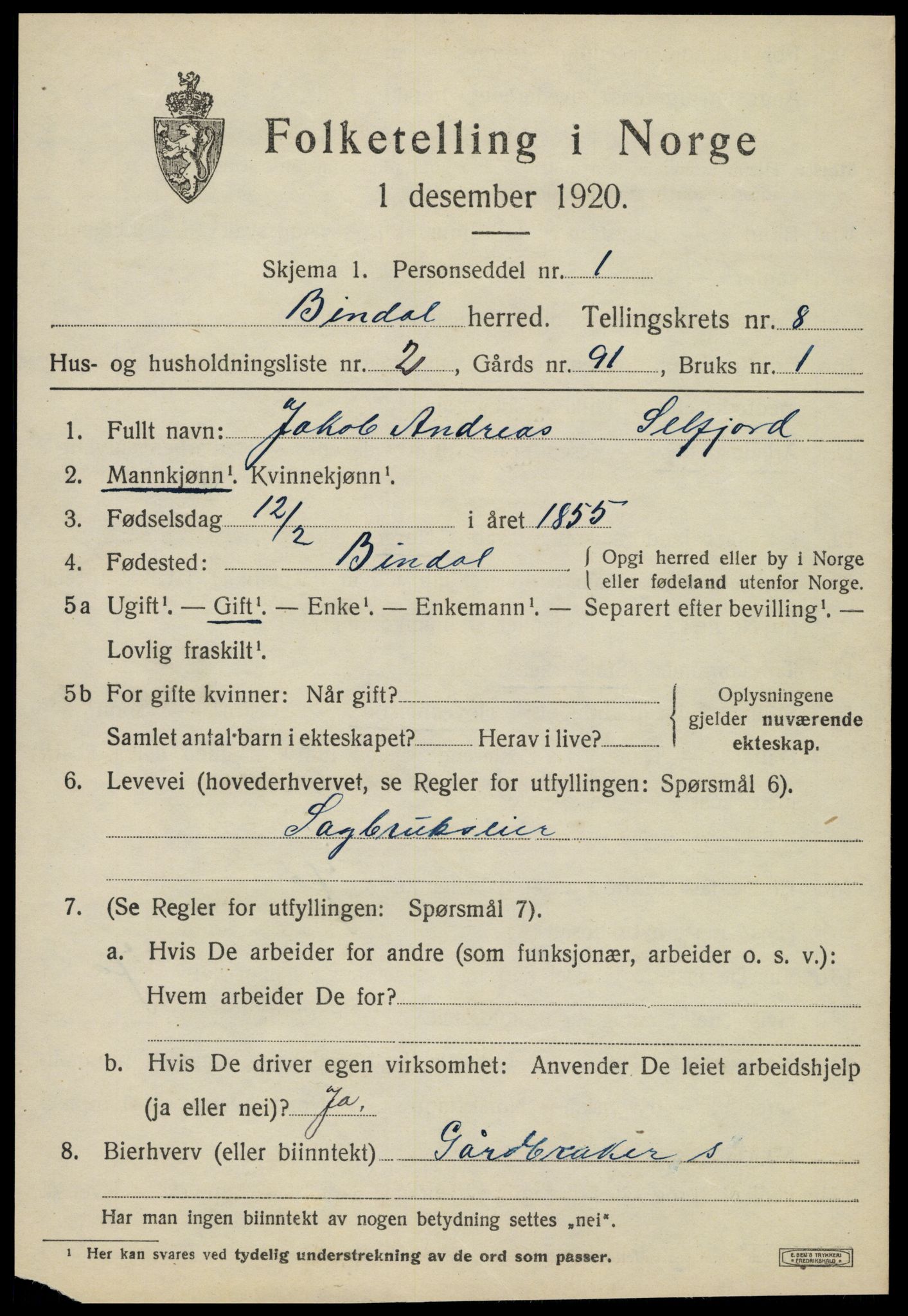 SAT, 1920 census for Bindal, 1920, p. 5905