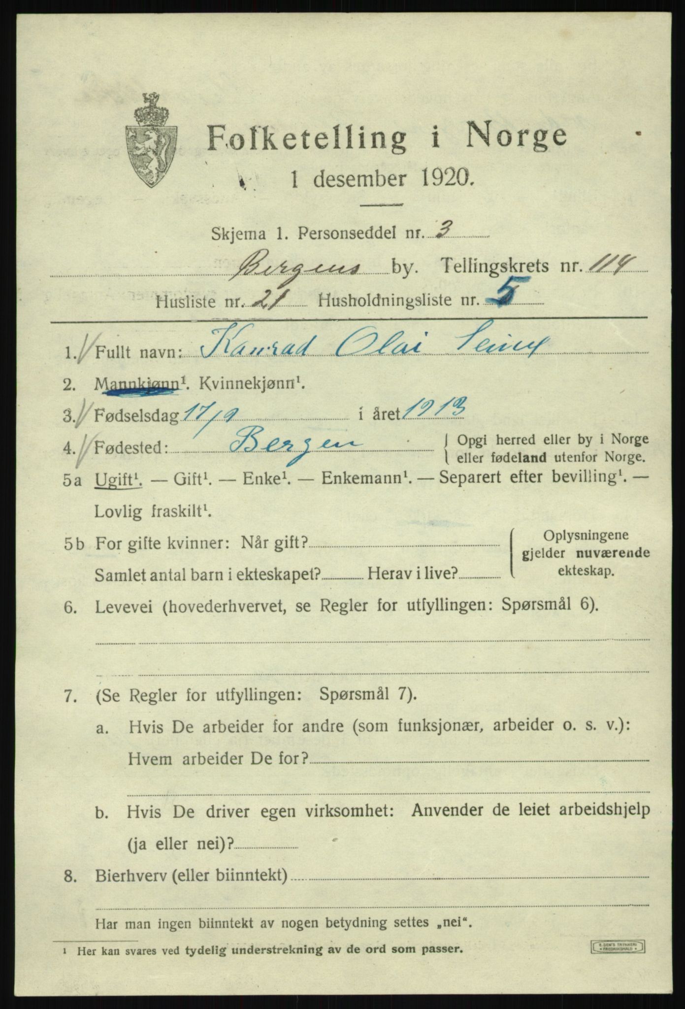 SAB, 1920 census for Bergen, 1920, p. 194930