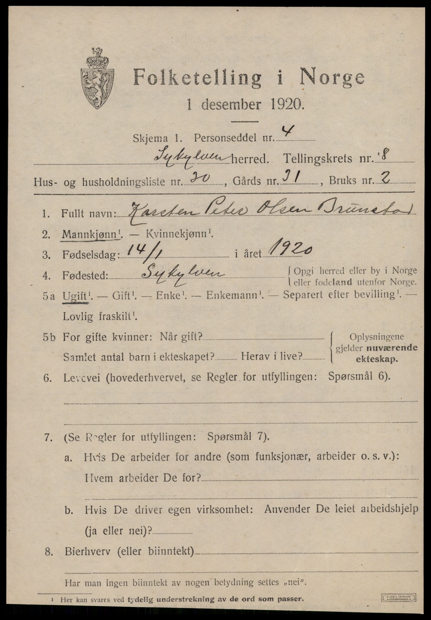 SAT, 1920 census for Sykkylven, 1920, p. 4681