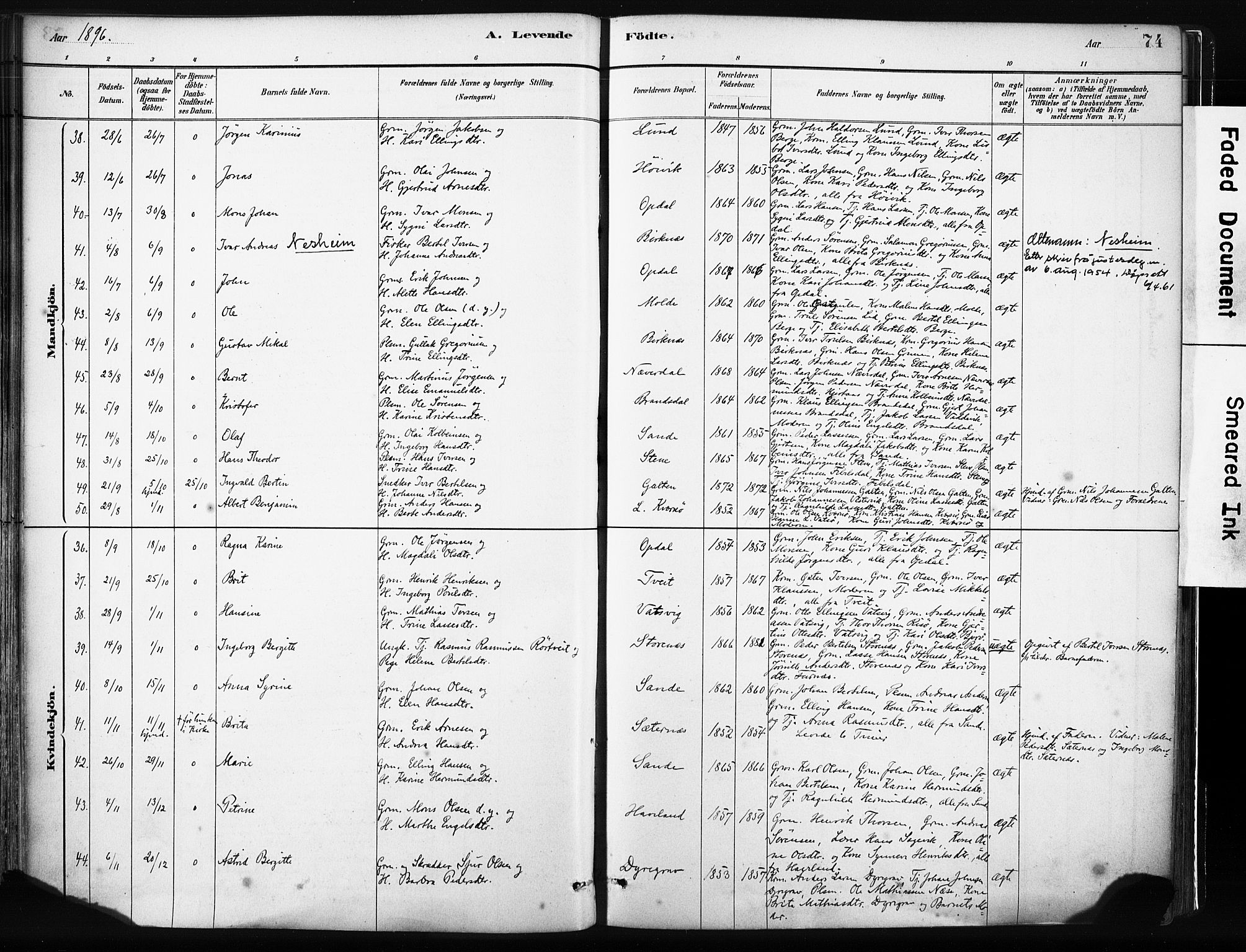 Gulen sokneprestembete, AV/SAB-A-80201/H/Haa/Haab/L0001: Parish register (official) no. B 1, 1881-1905, p. 74