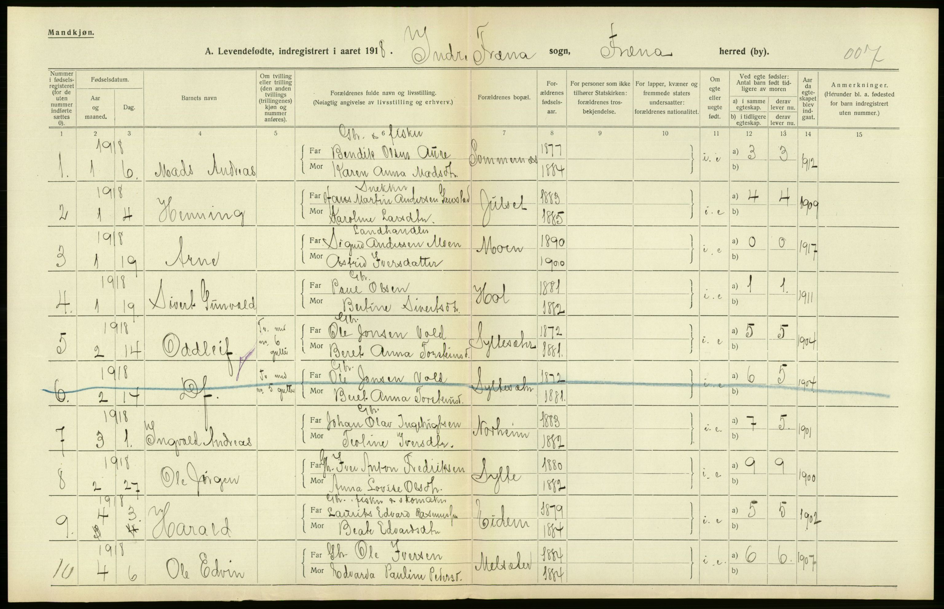 Statistisk sentralbyrå, Sosiodemografiske emner, Befolkning, RA/S-2228/D/Df/Dfb/Dfbh/L0043: Møre fylke: Levendefødte menn og kvinner. Bygder., 1918, p. 632