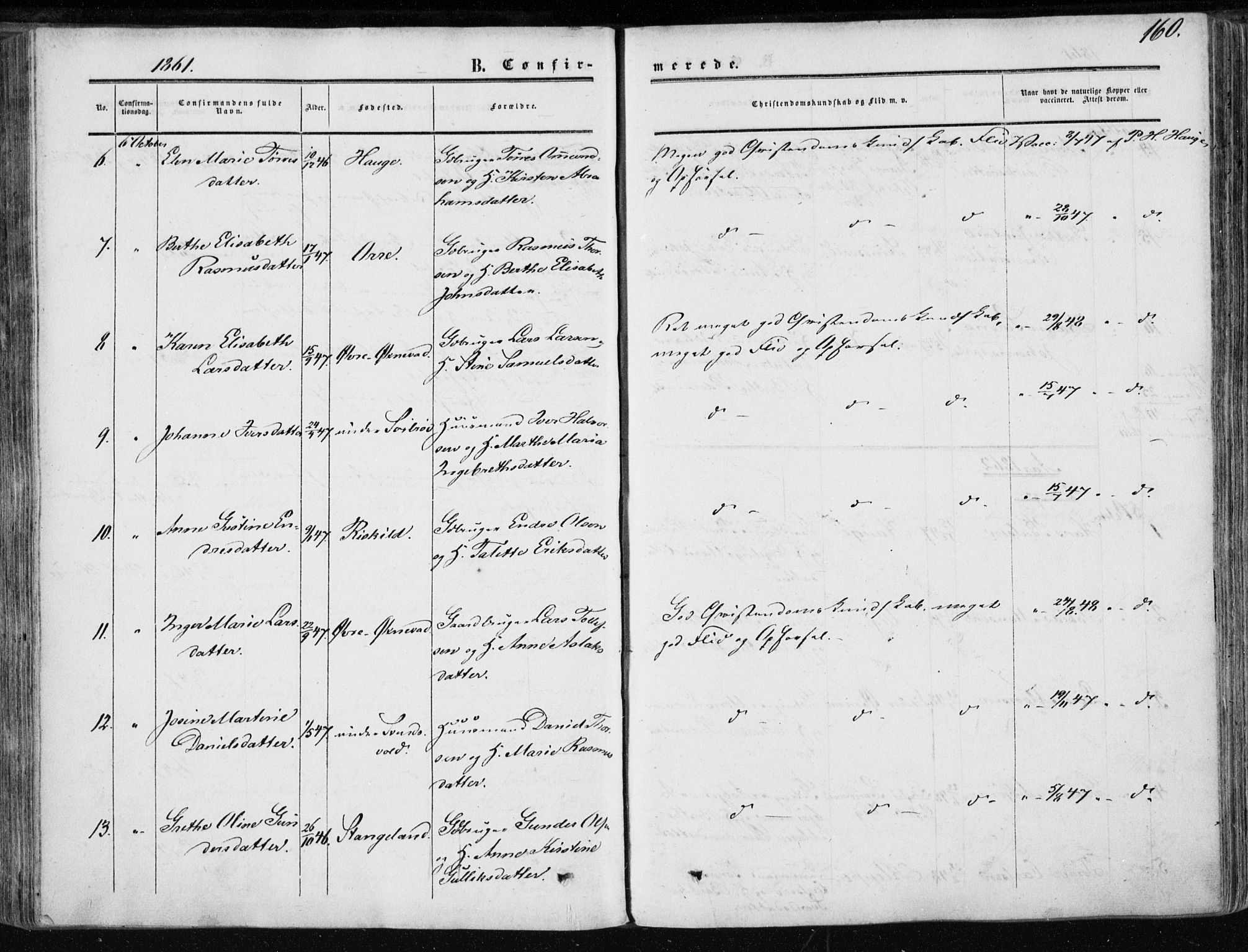 Klepp sokneprestkontor, AV/SAST-A-101803/001/3/30BA/L0005: Parish register (official) no. A 5, 1853-1870, p. 160