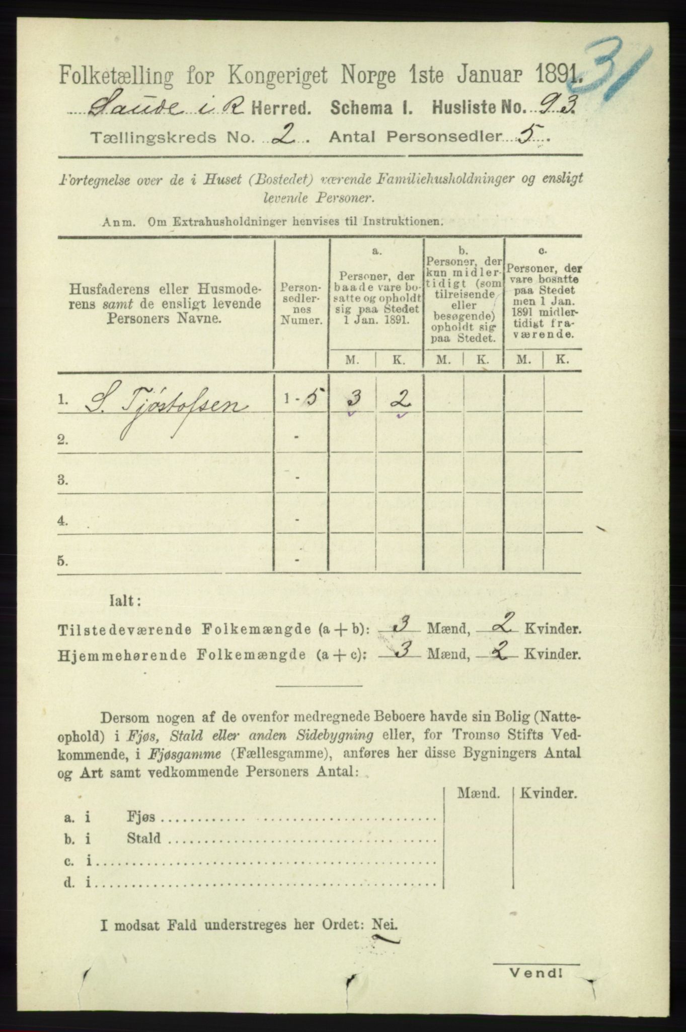 RA, 1891 census for 1135 Sauda, 1891, p. 617