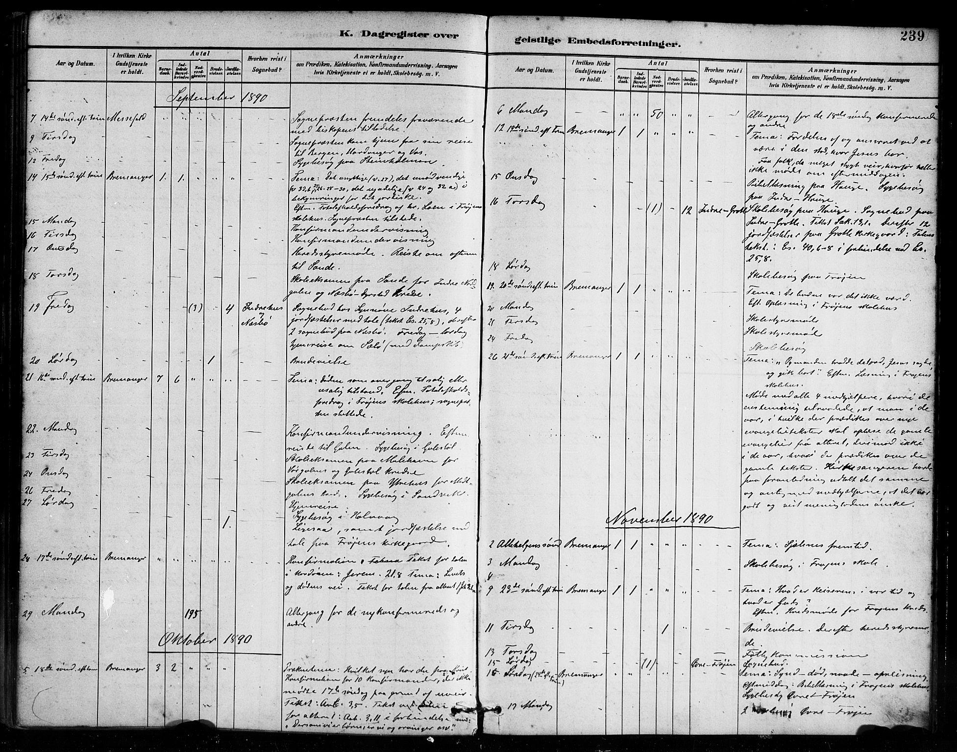 Bremanger sokneprestembete, AV/SAB-A-82201/H/Haa/Haab/L0001: Parish register (official) no. B 1, 1884-1895, p. 239