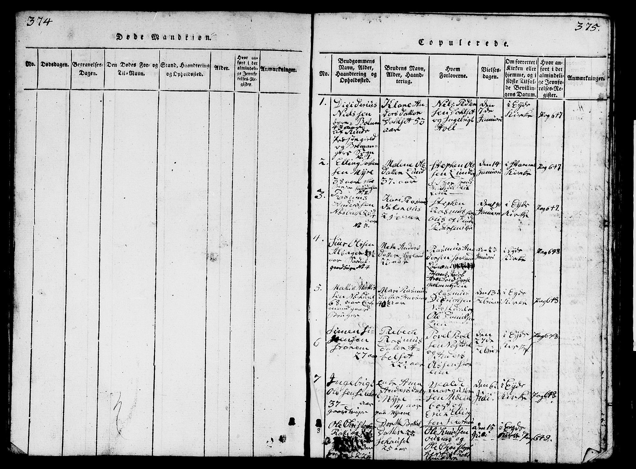 Eid sokneprestembete, SAB/A-82301/H/Hab/Haba/L0001: Parish register (copy) no. A 1, 1816-1862, p. 374-375